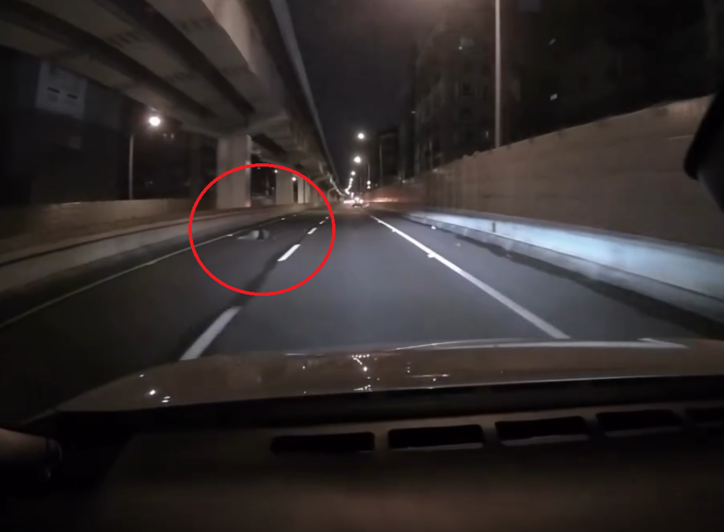 社群曝光一段事發時的行車紀錄器,可看到溫姓男子遭丟包後倒在快速道路內側車道。(翻攝Threads@fhysono999)