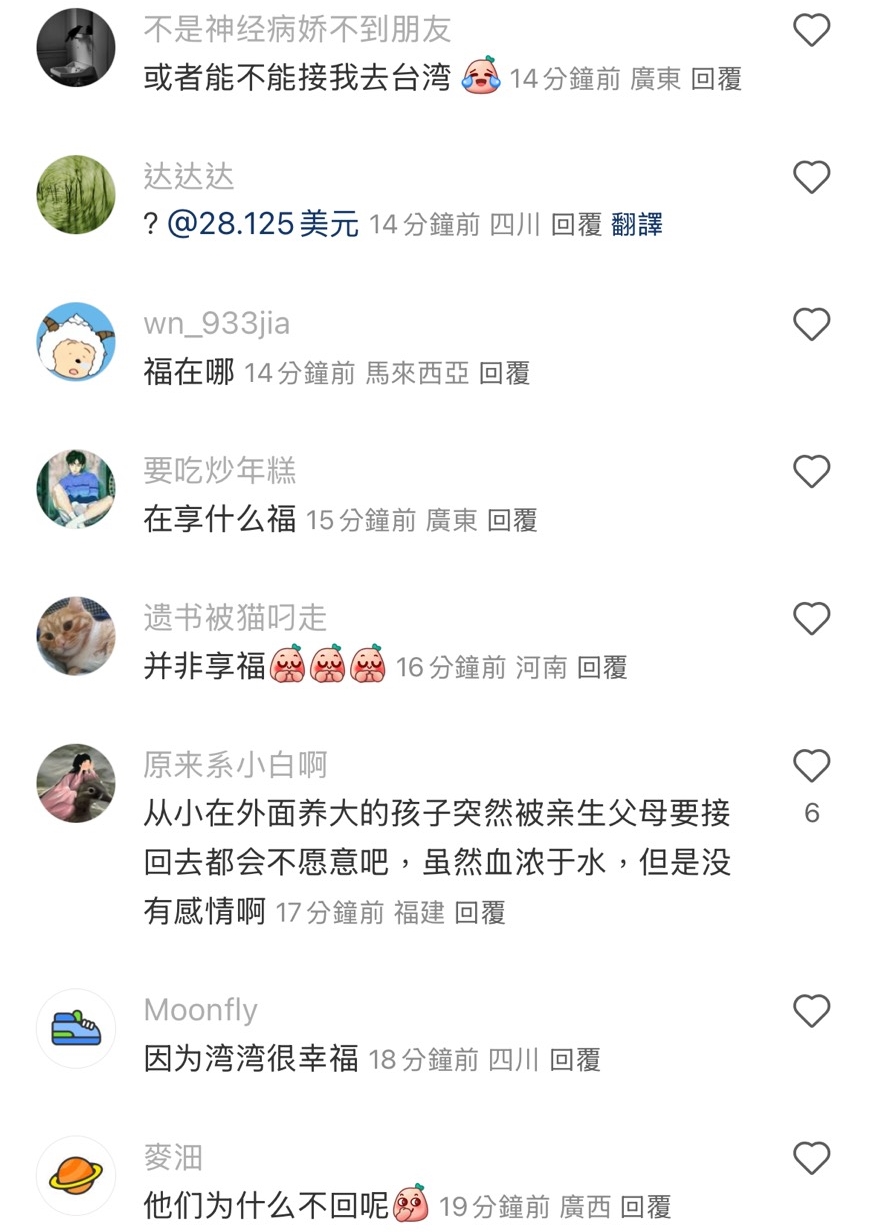 作者好奇發問「灣灣為什麼不回來跟咱們一起享福」，底下回覆意外理性。（翻攝自小紅書）