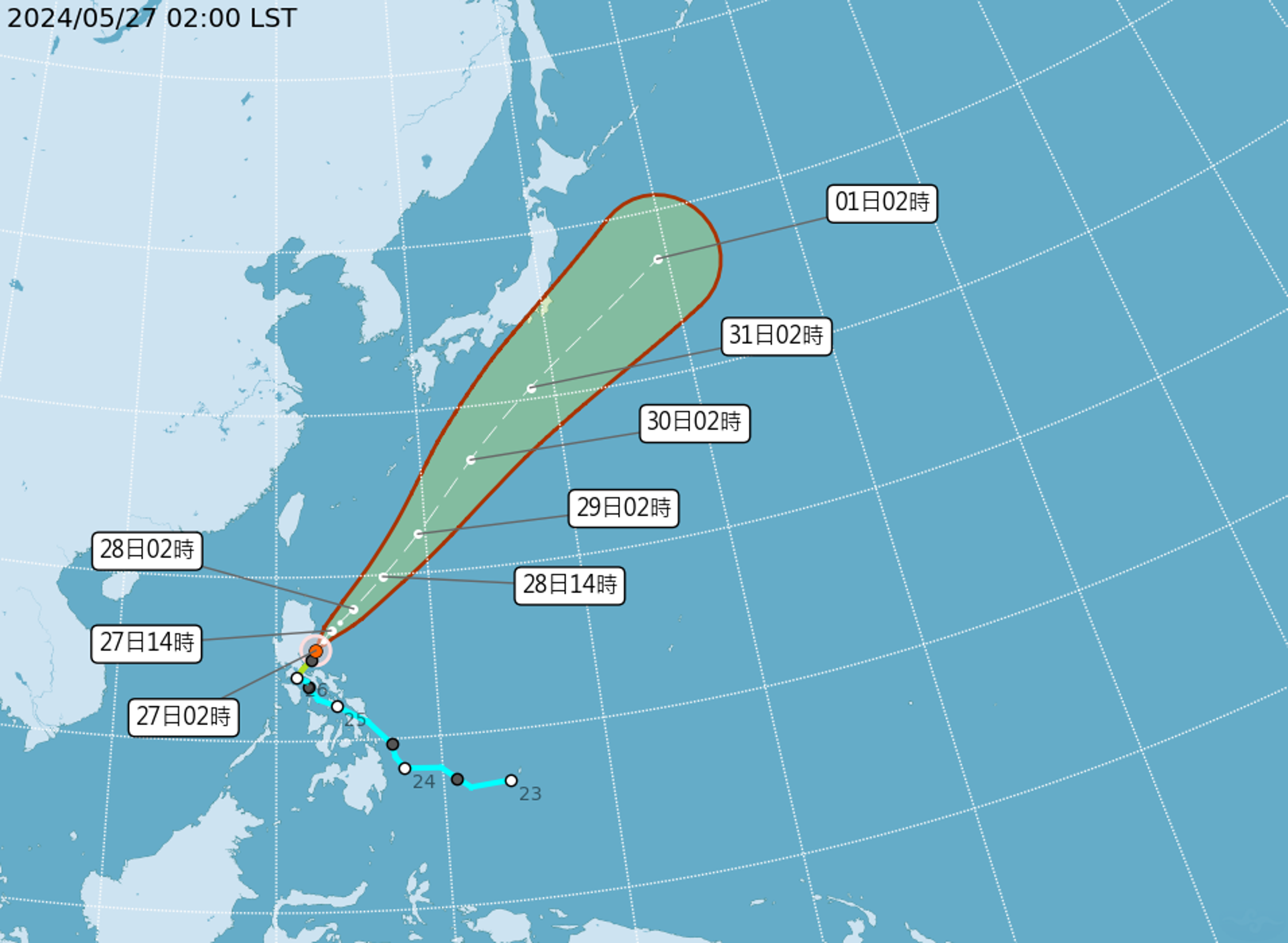 今年首颱「艾維尼」朝東北方北上,對台天氣無直接影響。(氣象署提供)