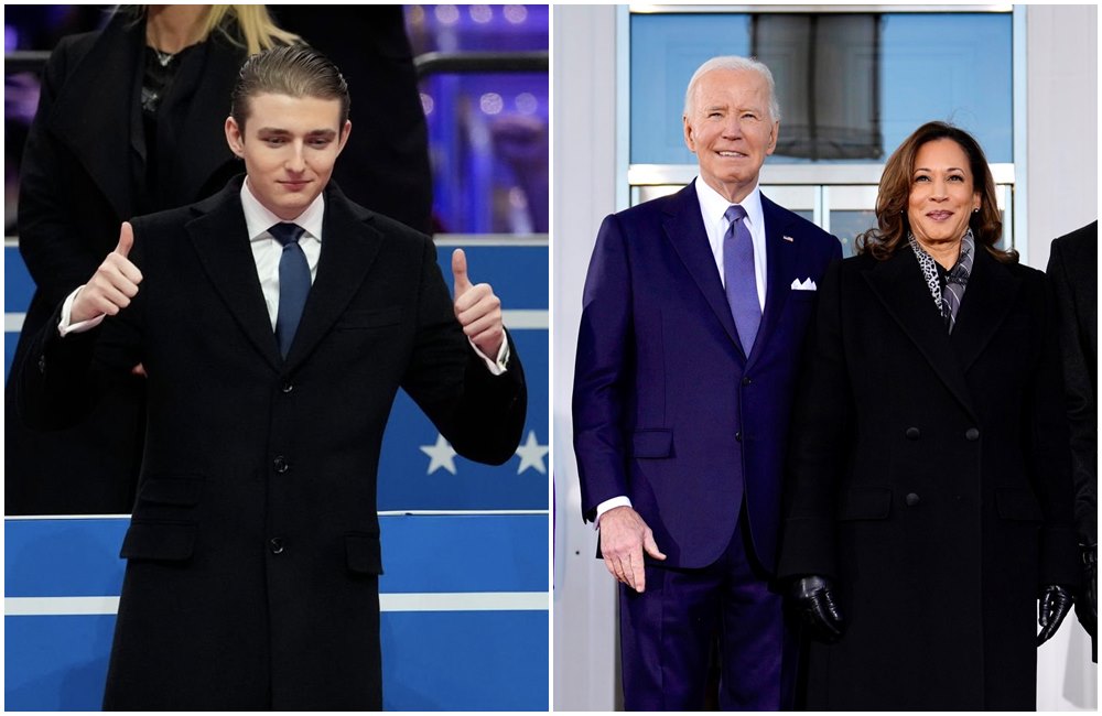 巴倫（左圖）在就職典禮上與拜登、賀錦麗（右圖）的互動，在網路上掀起討論。（翻攝X@MELANIAJTRUMP、X@POTUS46Archive）