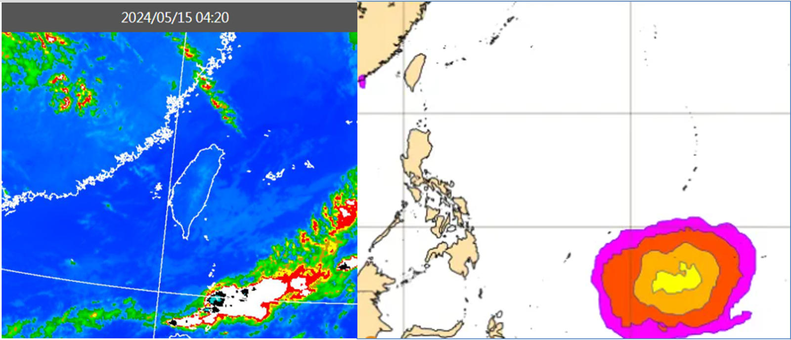 左圖：今晨4：20紅外線色調強化雲圖顯示，各地晴朗無雲。右圖：最新歐洲系集模式，20日20時模擬圖顯示，在菲律賓東方海面有「熱帶擾動」醞釀，但發展緩慢。（翻攝自「三立準氣象.老大洩天機」）