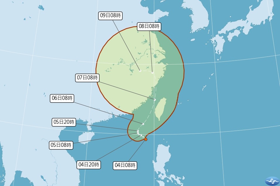 準颱風「丹娜絲」逐步進逼台灣，根據氣象分專推測，有機會發展到輕度颱風上限甚至中度颱風強度。（氣象署提供）