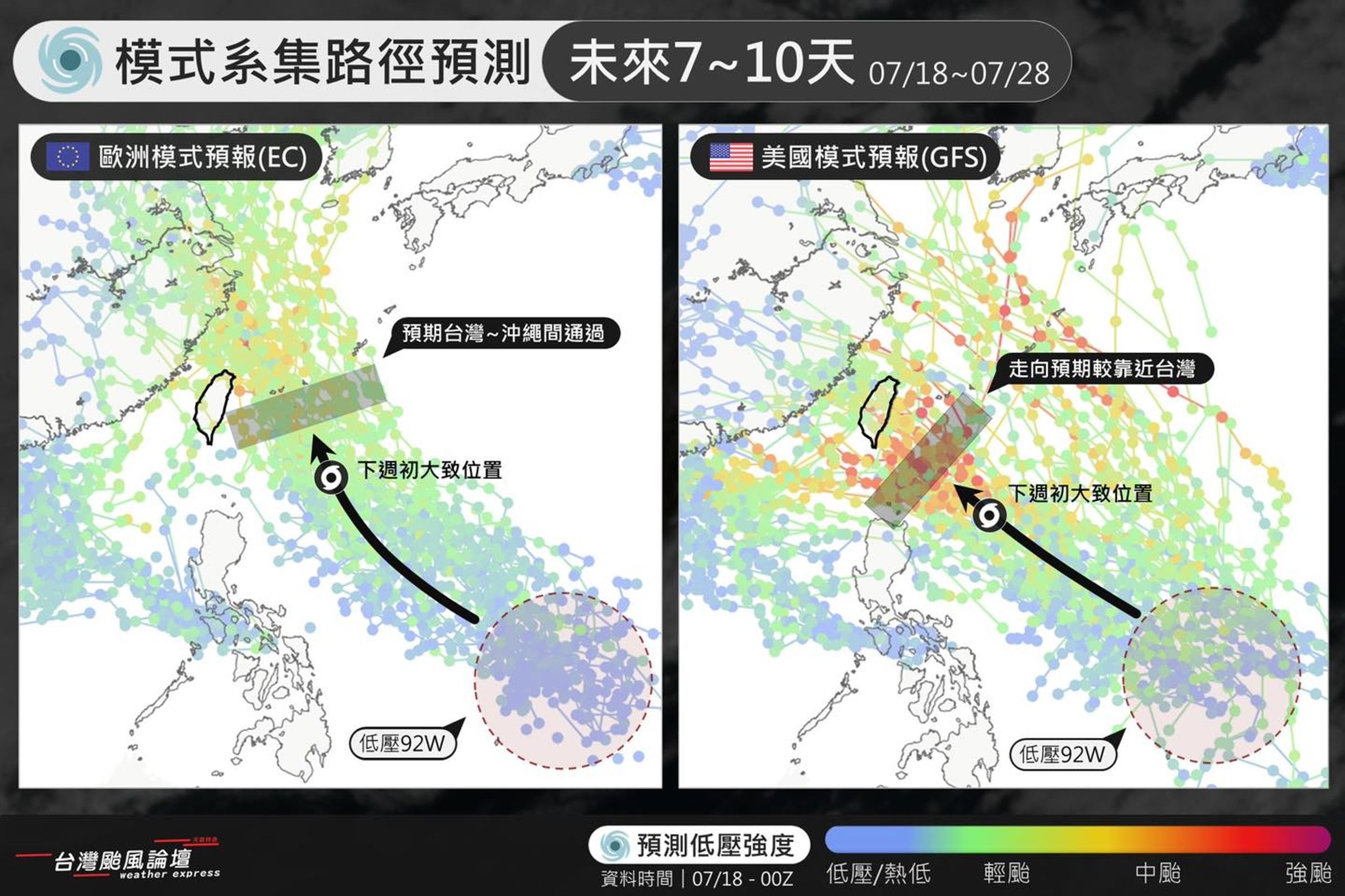 「準颱風」可能朝台灣方向前進,不過現在距離模擬侵台的時間還有一週左右,預報還有非常大的調整空間。(翻攝自台灣颱風論壇|天氣特急臉書粉專)