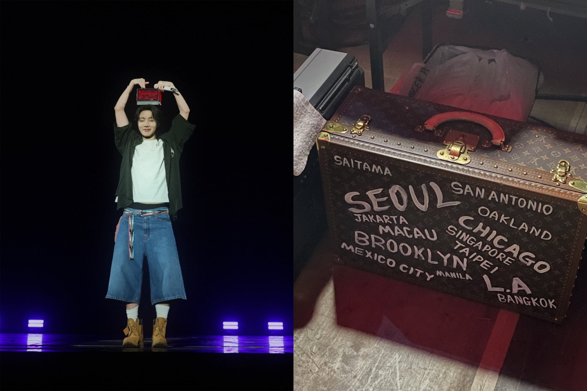防彈少年團 j-hope在大阪場演唱會秀出LV皮箱，看到「TAIPEI」字樣。（左翻攝j-hope INS，右翻攝repro_kyto INS）