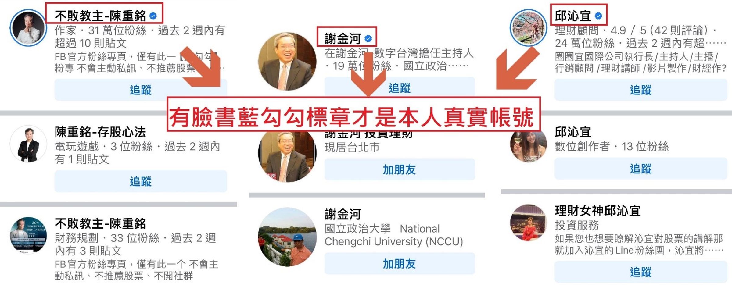 臉書藍勾勾認證標章才是本人真實帳號。（刑事局提供）