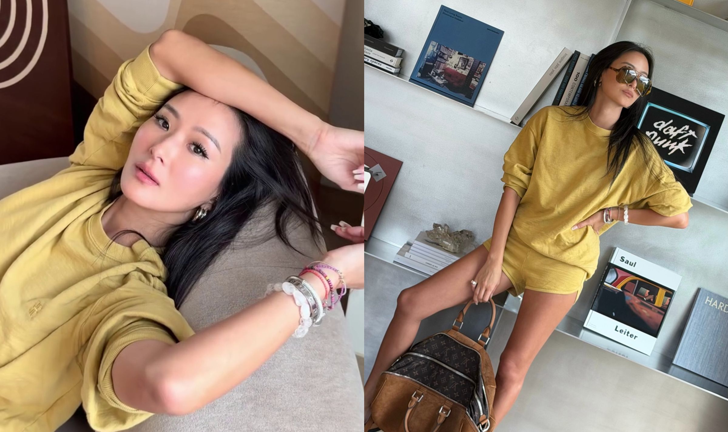 孫芸芸穿著芥末黃色休閒套裝,超短褲秀出一雙修長美腿。(翻攝aimeeyunyunsun IG)