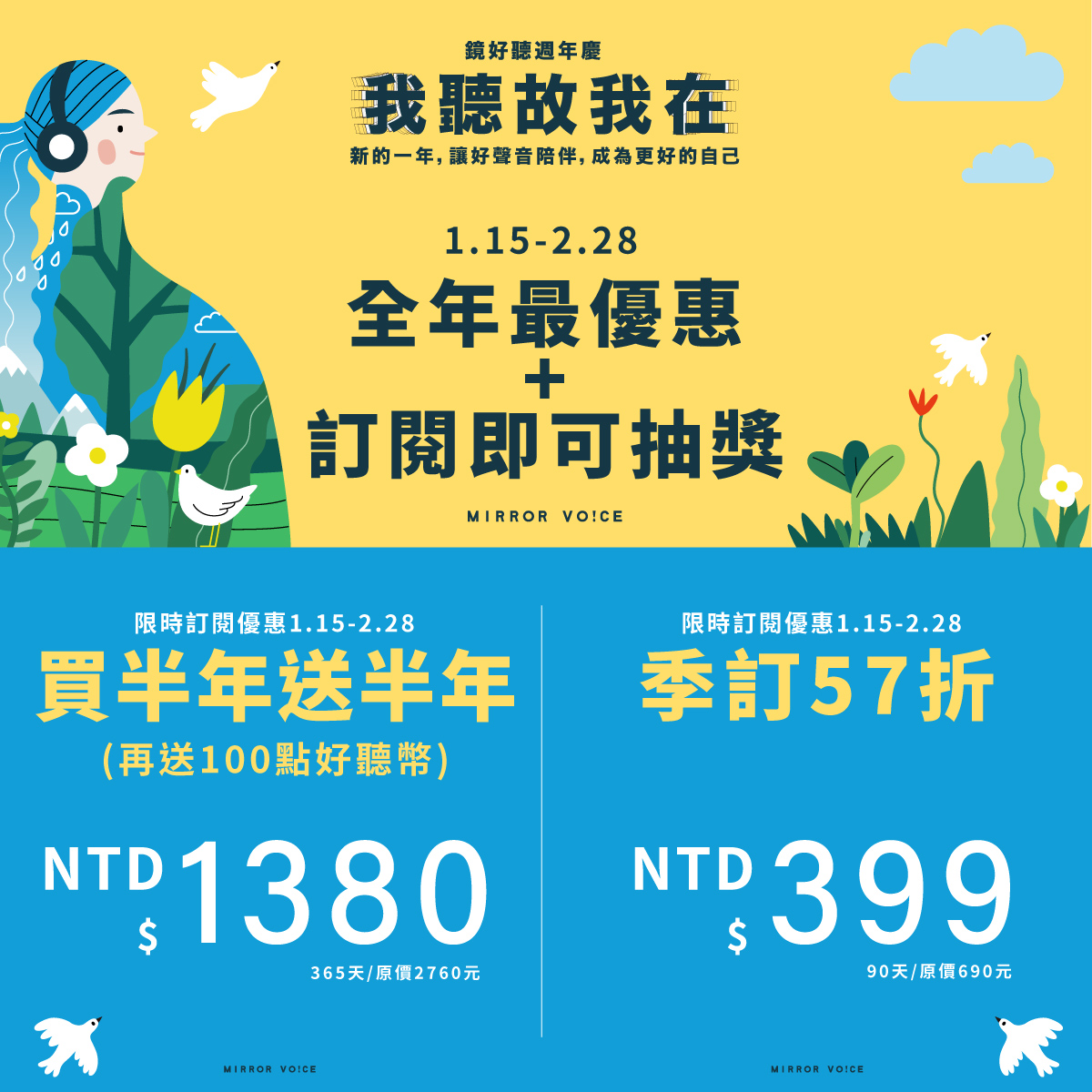 鏡好聽推出週年慶限時優惠活動，即日起至2月28日止，成為鏡好聽年訂會員就能用一半的價錢1,380（原價2,760）聽好聽滿一整年。（鏡好聽提供）