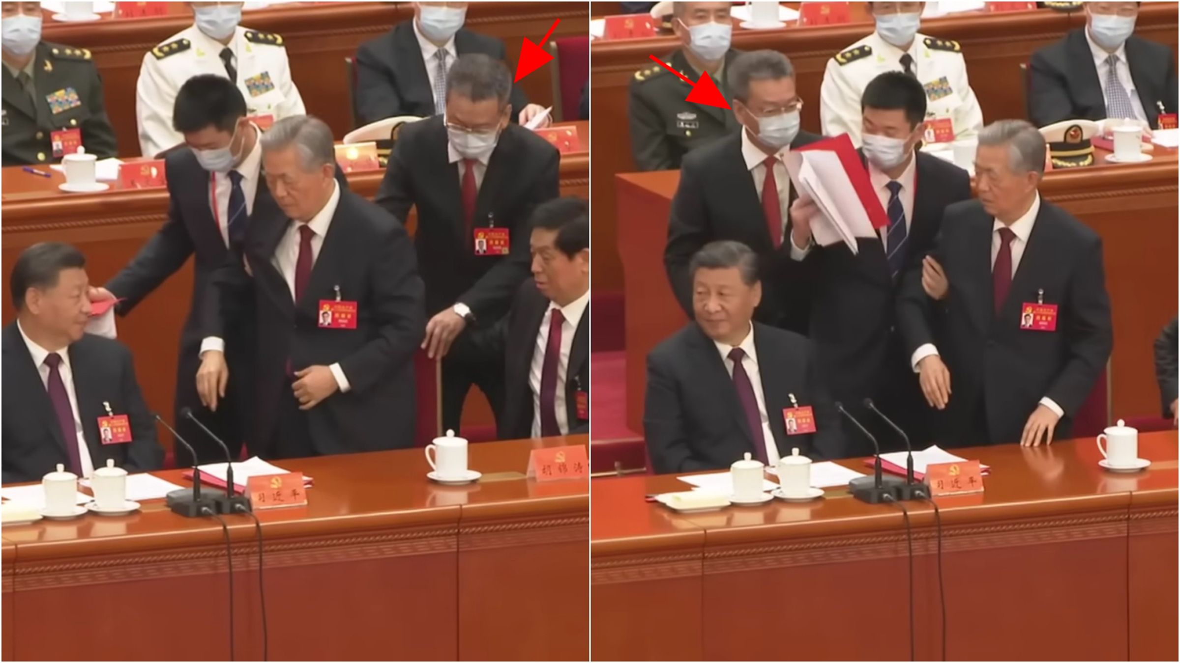 2022年中共20大閉幕會議上，胡錦濤遭架走，紅箭頭者為孔紹遜。（翻攝亞洲新聞台CNA YT）