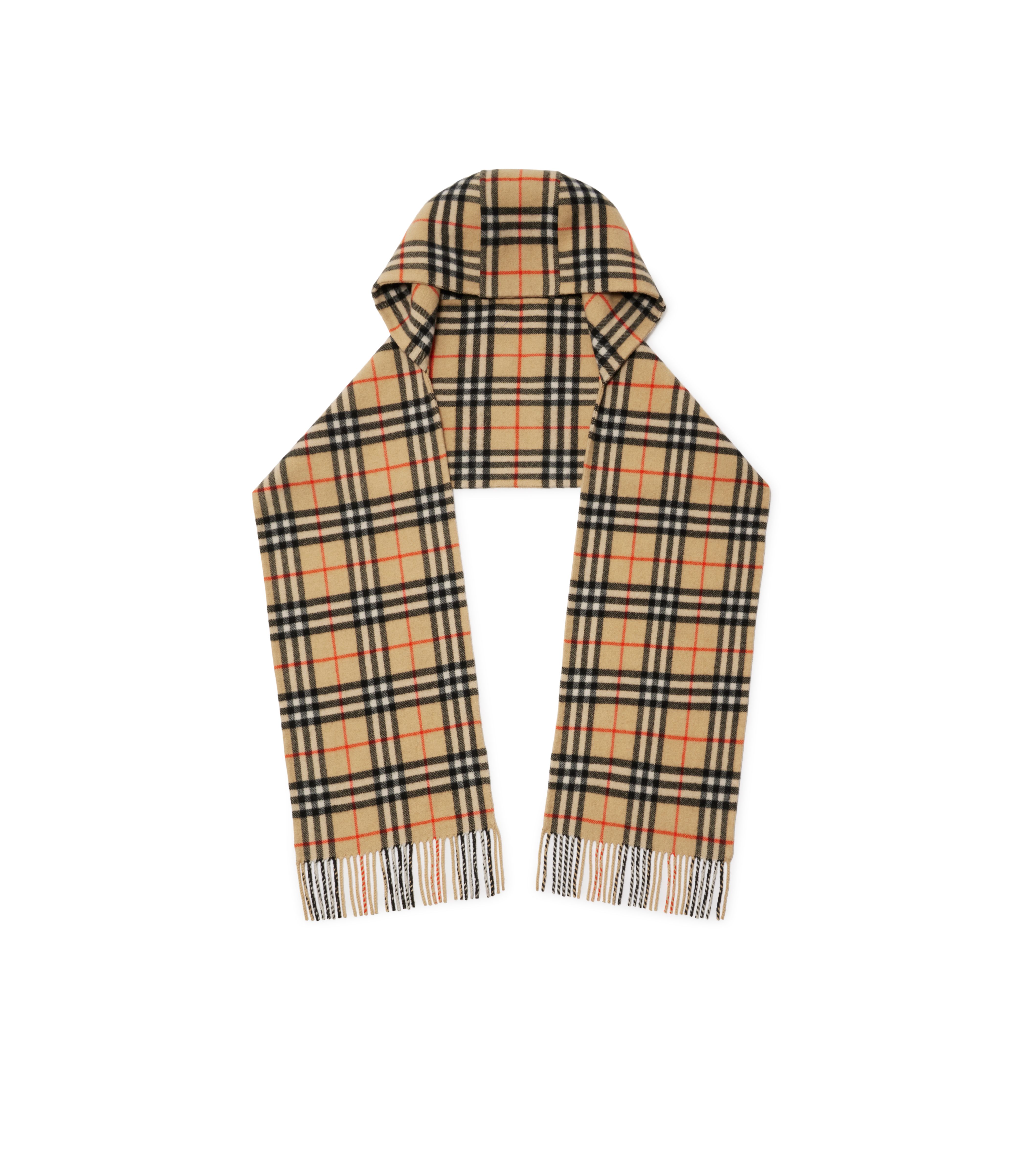 沙色格紋喀什米爾連帽圍巾。NT$46,500（BURBERRY提供）