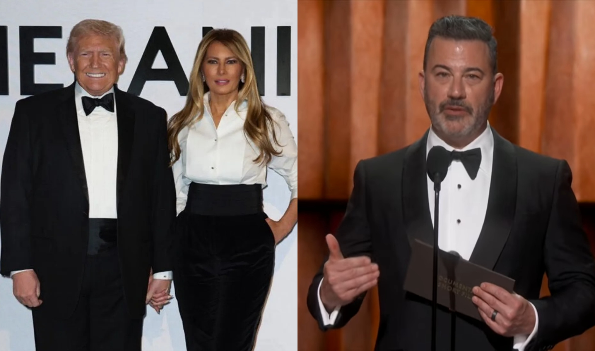 吉米金莫（右圖）在奧斯卡頒獎典禮上，對川普夫婦（左圖）大酸特酸。（翻攝abc畫面、X@realDonaldTrump）