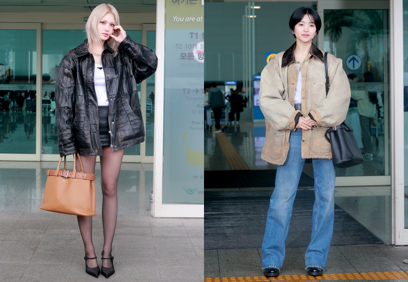 （左起）全昭彌、金泰梨，已背上PRADA全新的Buckle包款現身機場。（PRADA提供）