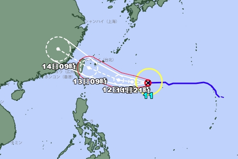 日本氣象廳颱風路徑預測較中央氣象署偏北。（日本氣象廳提供）