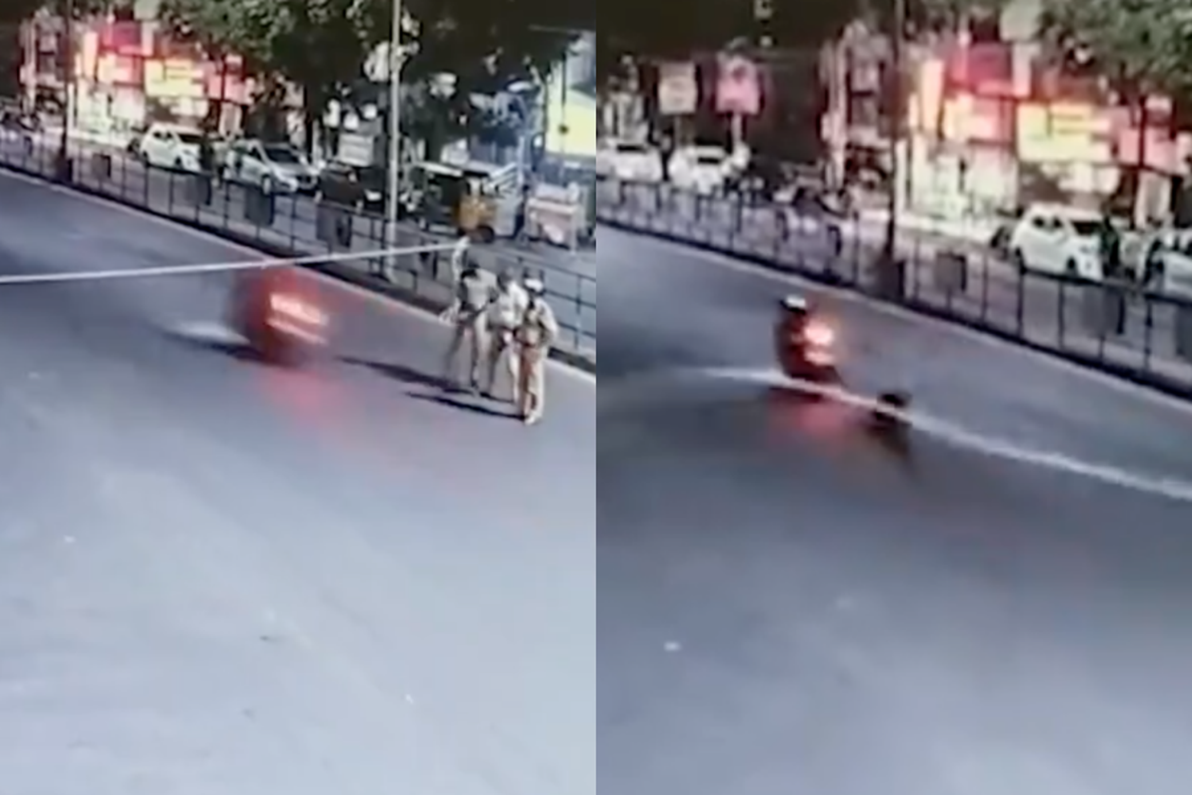 印度一名機車騎士因誤闖警方封路區域,遭繩子勾脖重摔而亡。(翻攝自X)