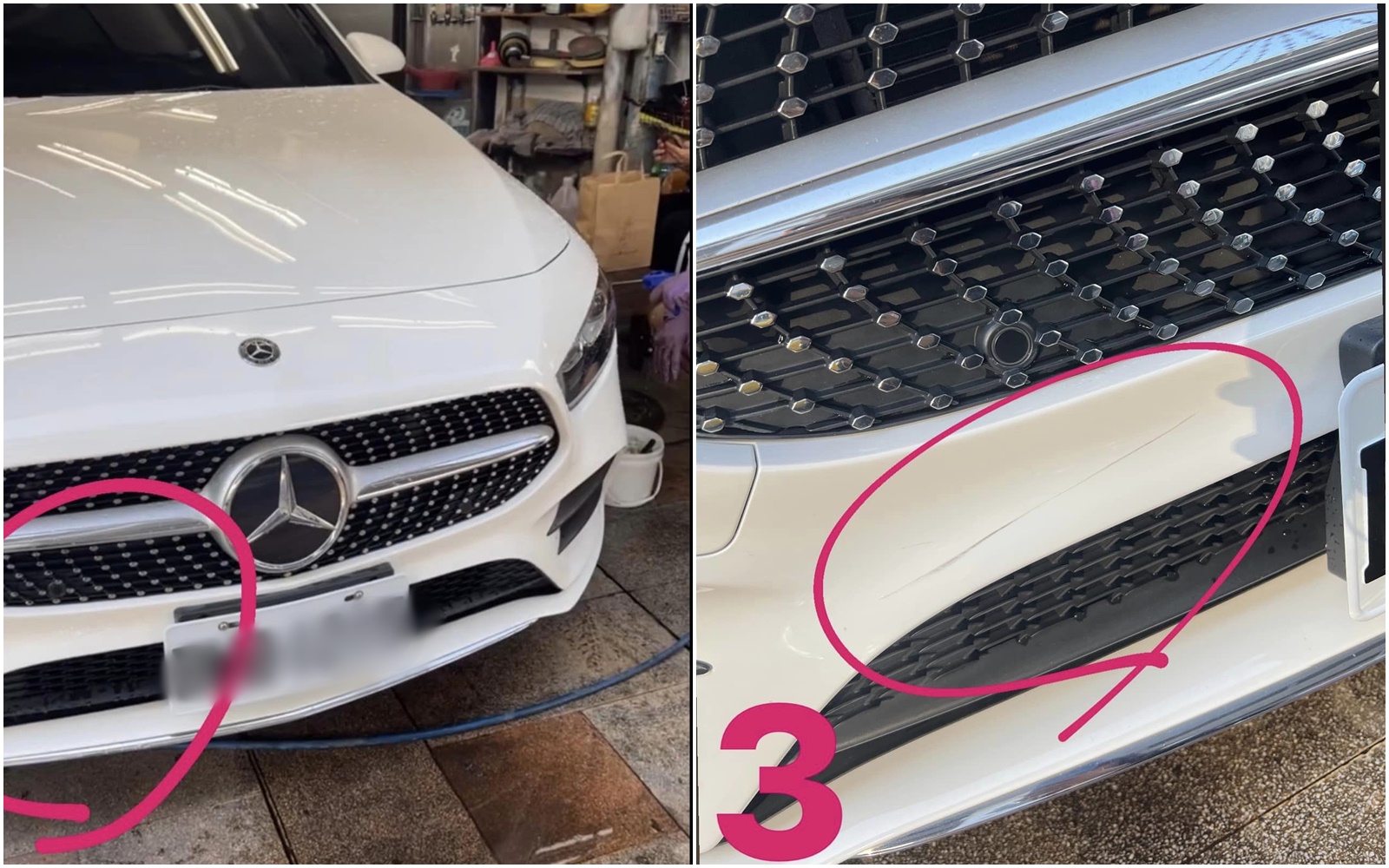 一名女子先前在北市某間洗車店消費，店家不停推銷附加服務，還疑似刮傷她的車。（翻攝自臉書社團《爆料公社二社》）