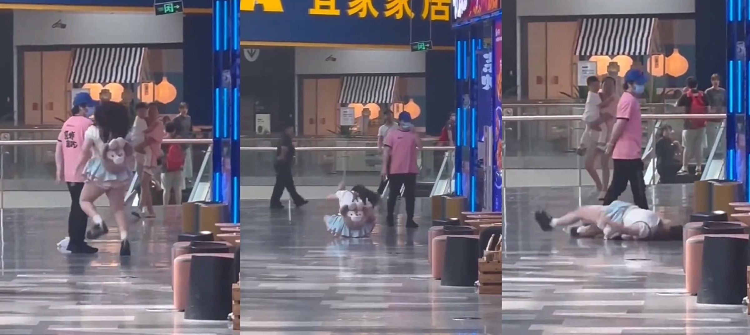 一名打扮俏麗女子公然賴在地上哭鬧,但同行男伴並沒有上前安撫,任她發洩情緒。(翻攝X@LM62710)