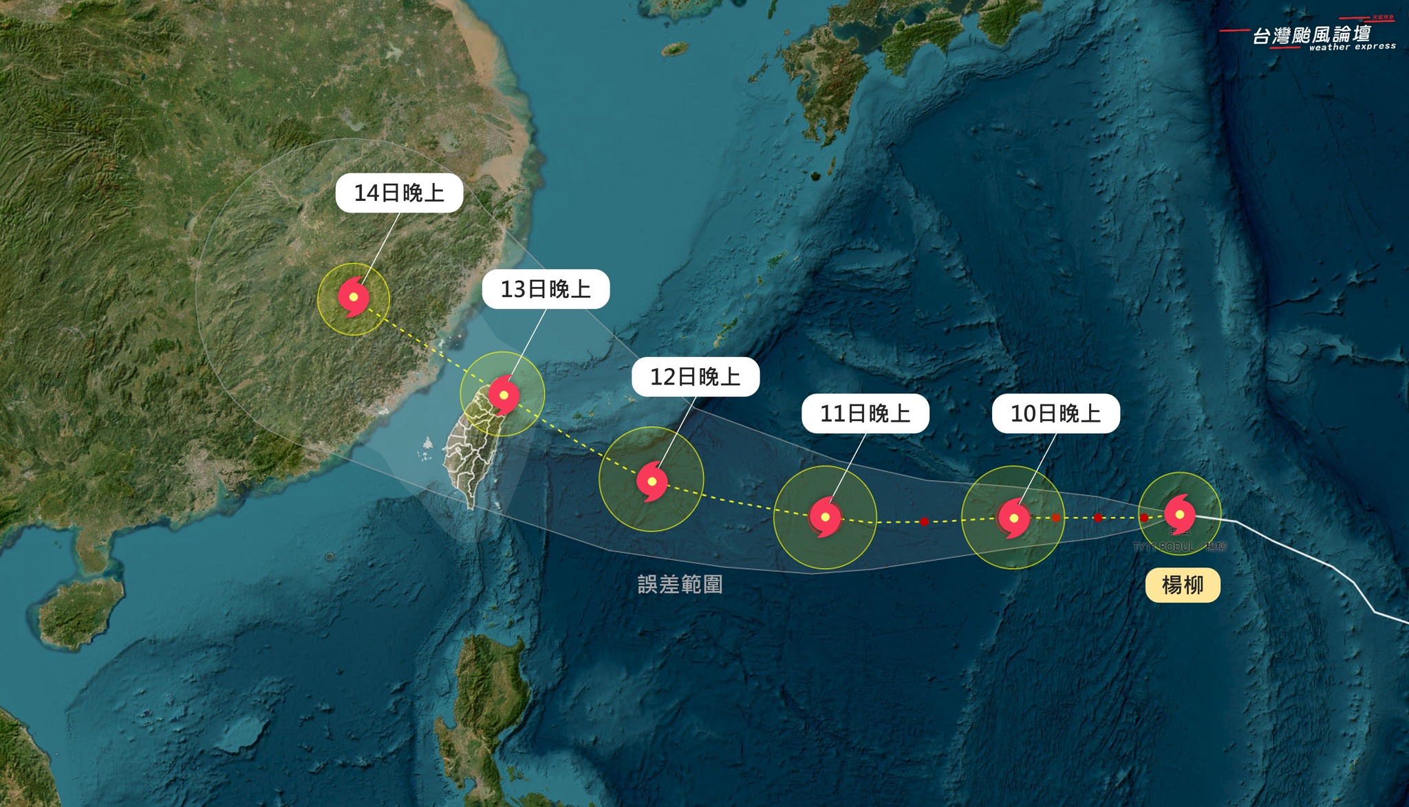 氣象粉專表示，楊柳颱風高機率於下週三（13日）晚間直接穿越北台灣上空。（翻攝自台灣颱風論壇｜天氣特急臉書）