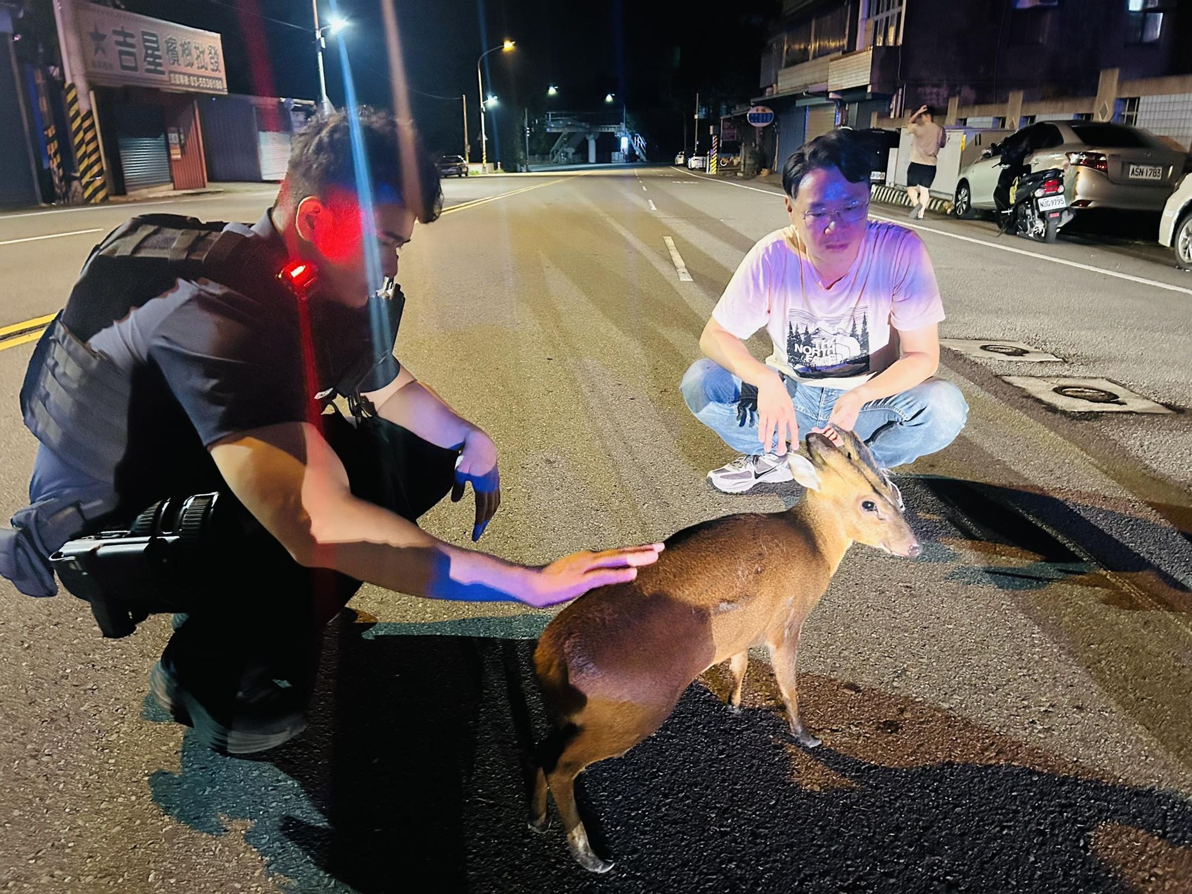 警方、保育單位與議員合力護送小山羌,避免發生意外。(翻攝自臉書@陳光軒・dpp苗栗縣議員)