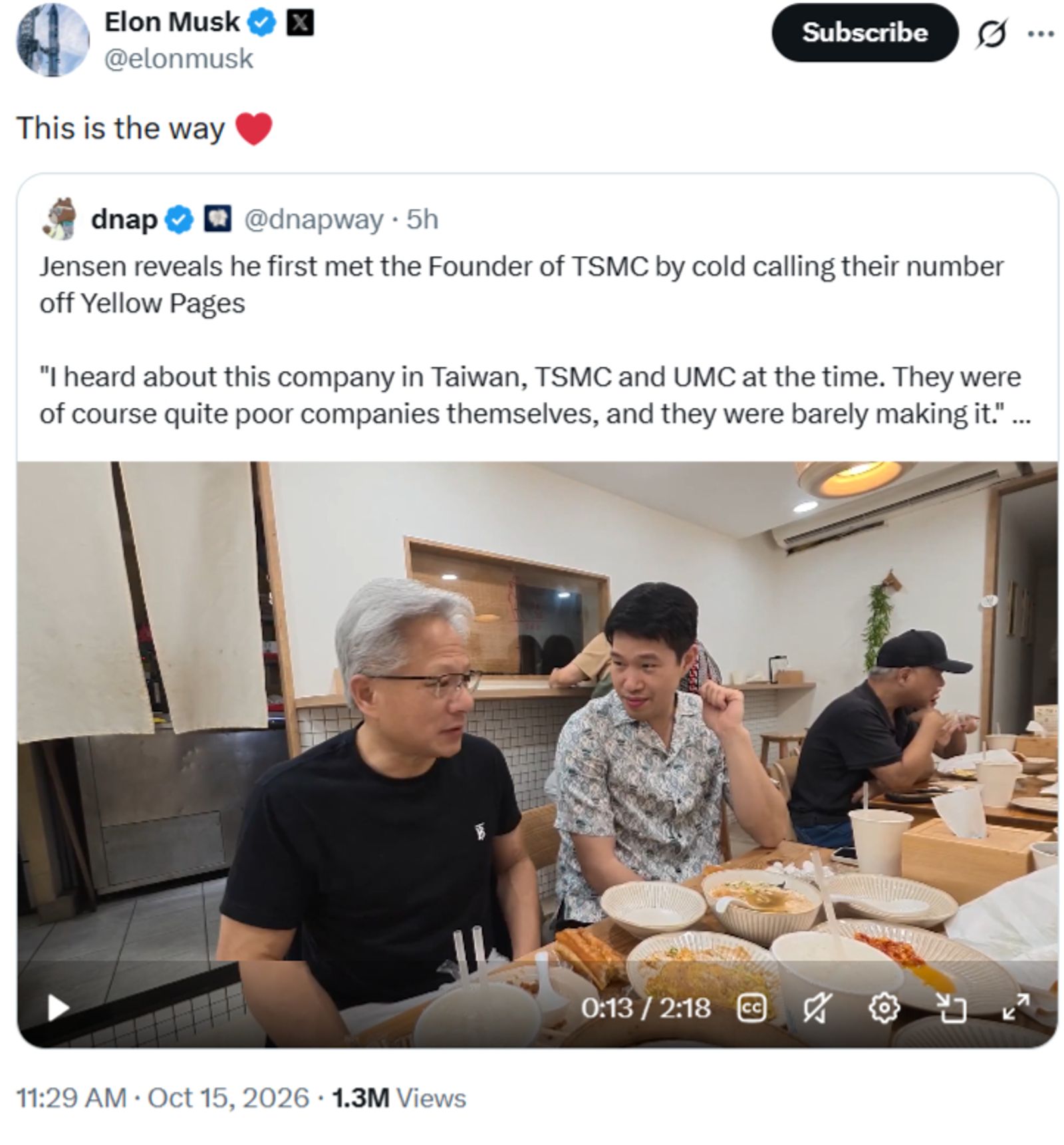 斯克轉在X發黃仁勳分享與張忠謀結識過程的影片，寫下「就該這麼做！」表達讚賞。（翻攝Elon Musk X）