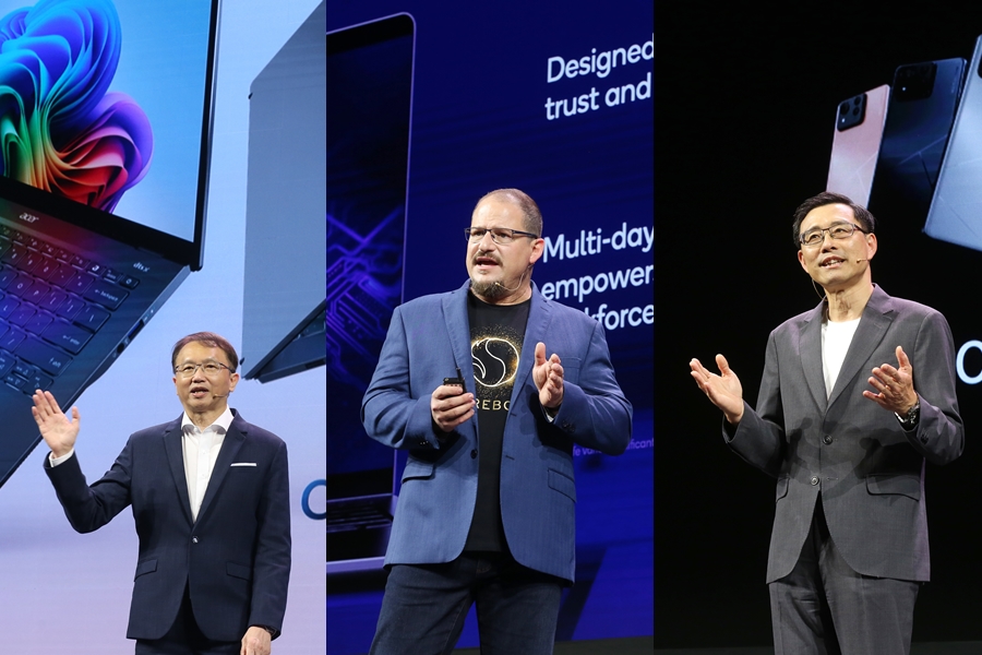 高通決戰AI PC市場，獲華碩共同執行長許先越（右）、宏碁董事長陳俊聖（左）站台支持。中為高通總裁艾蒙。