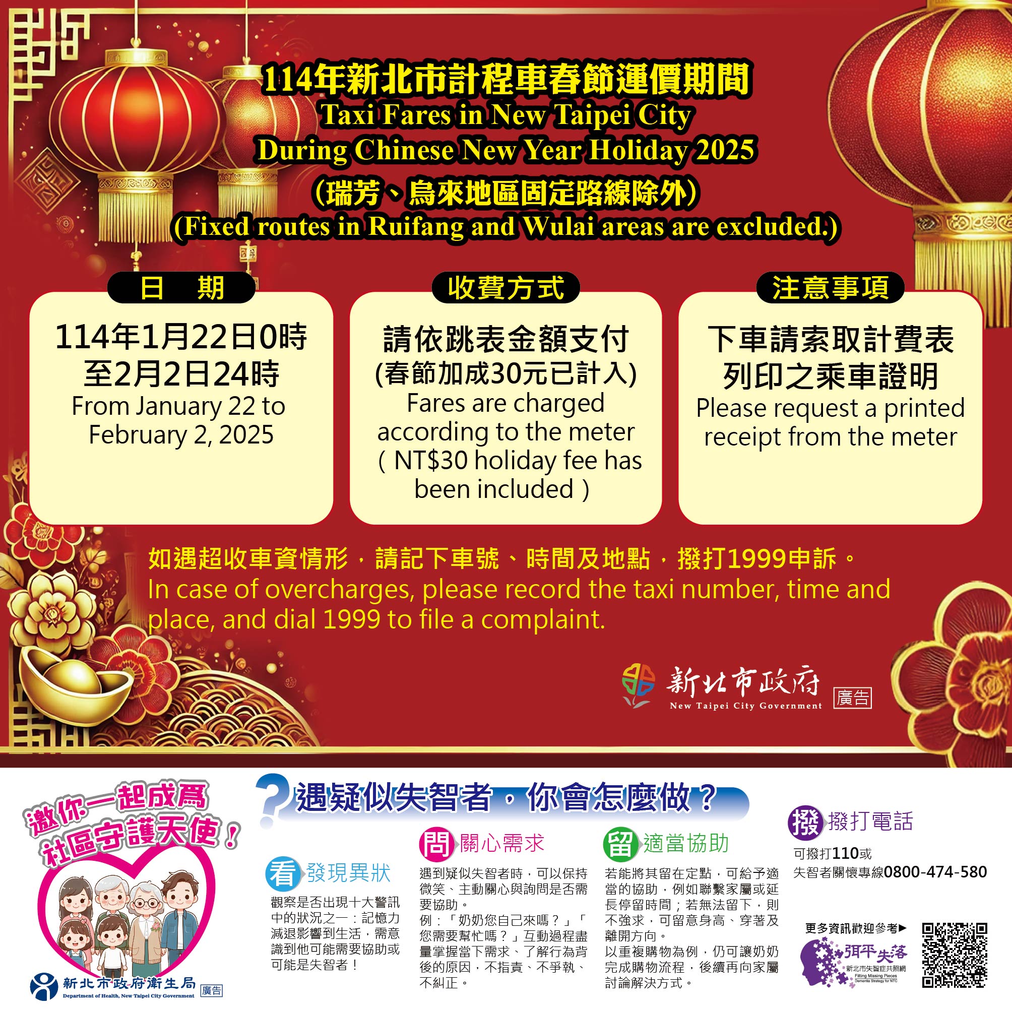 交通局特別印製春節加成計費貼紙，發送至新北市計程車公（工）會、計程車司機服務中心等。（新北市交通局提供）