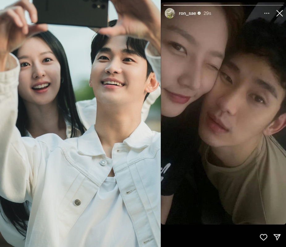 金秀賢和金智媛主演《淚之女王》正在熱播，沒想到金賽綸突然拋出貼臉自拍照。（左Netflix提供、右網路圖片）