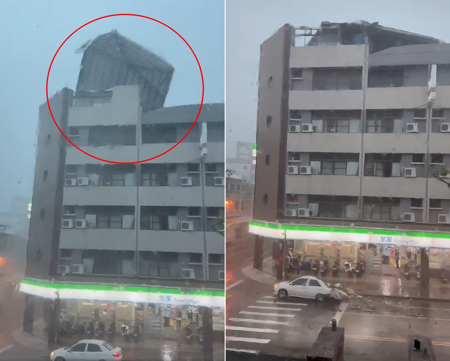 花蓮一處鐵皮屋頂被吹掀後，碰倒女兒牆，石塊掉落砸中路旁的自小客車。（翻攝自臉書）