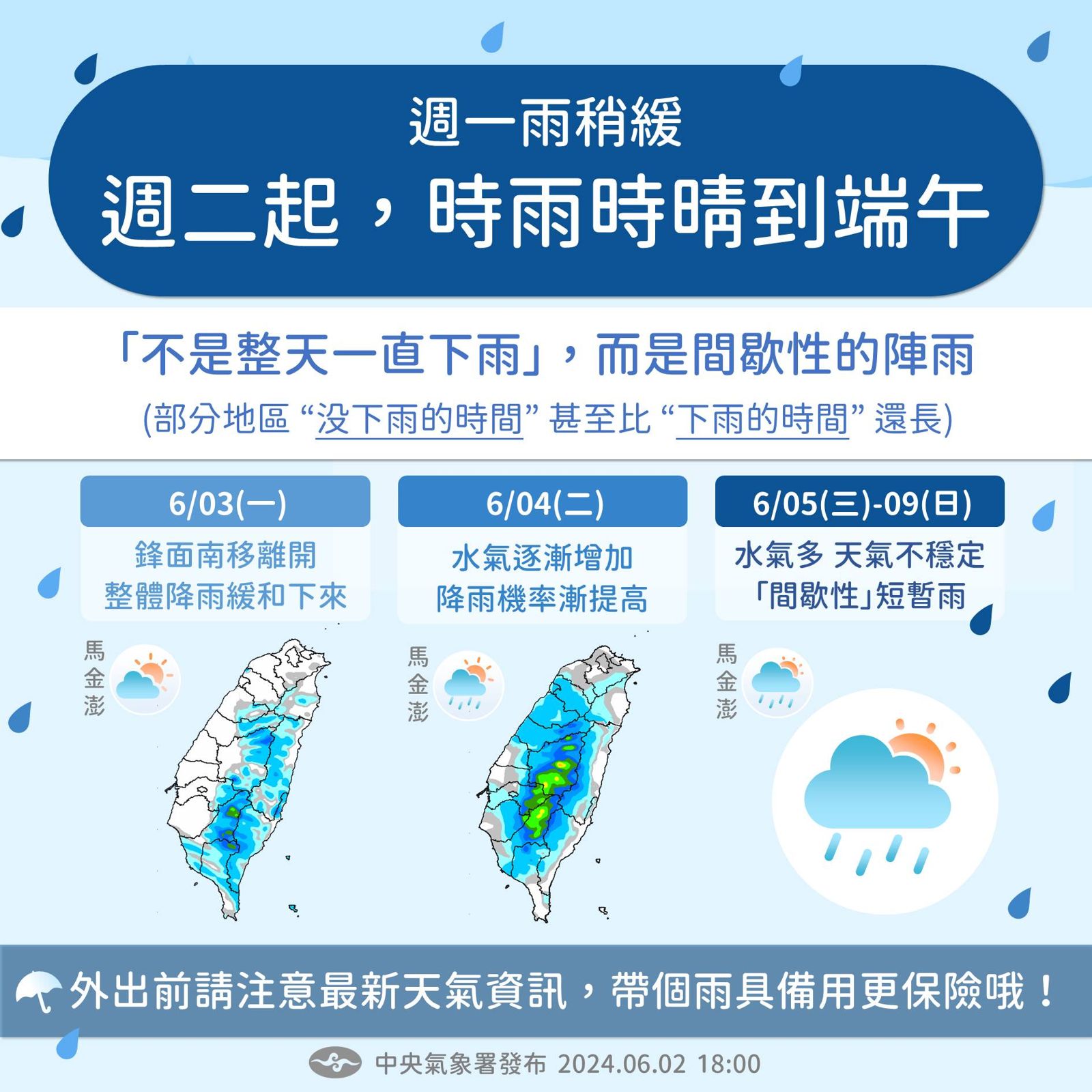 氣象署預測，4日開始，時晴時雨到端午。（中央氣象署提供）