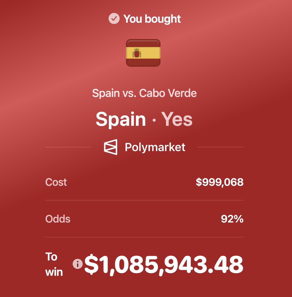 一名重壓西班牙贏球的用戶，輸掉100萬美元。（翻攝自X@PolymarketSport）