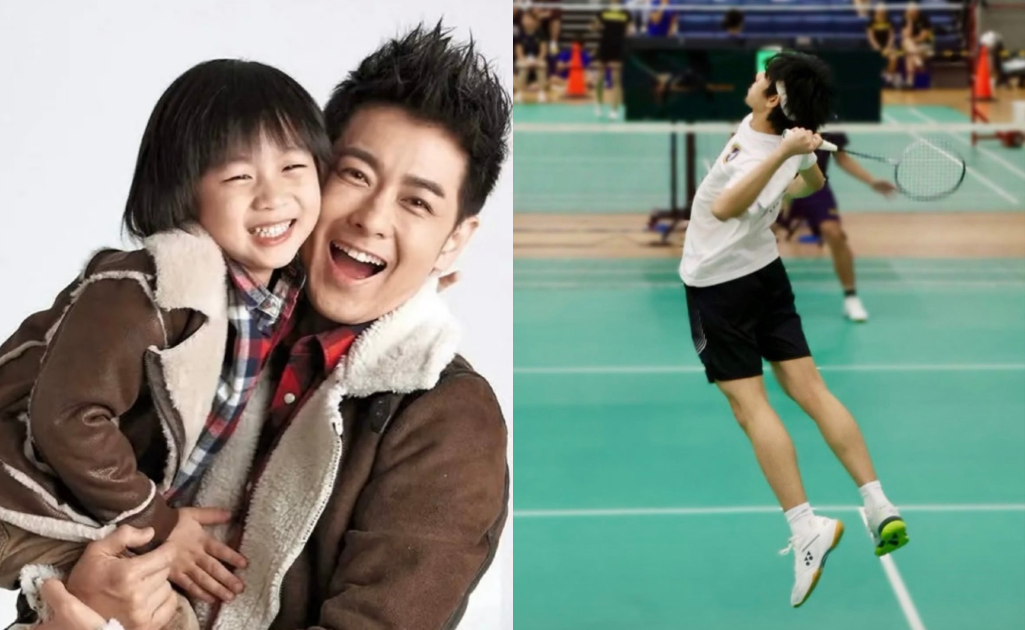 林志穎過去曾帶著Kimi參加《爸爸去哪兒》（左圖），近日他分享16歲的Kimi打羽球的帥氣模樣（右圖）。（翻攝微博、林志穎臉書）