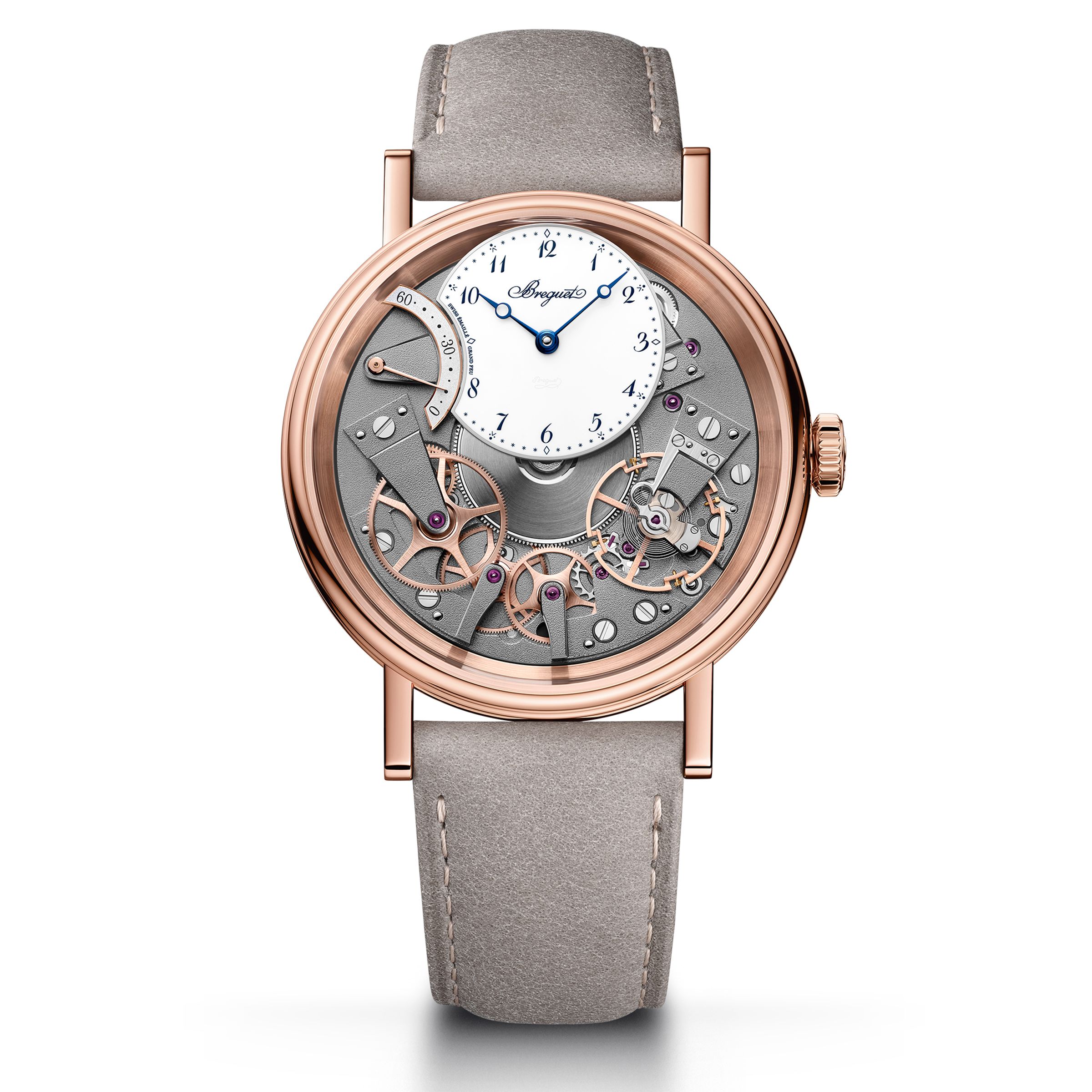 Tradition Seconde Rétrograde 7097，40mm 18K玫瑰金錶殼搭配灰色小牛皮錶帶，定價NT$1,507,000。