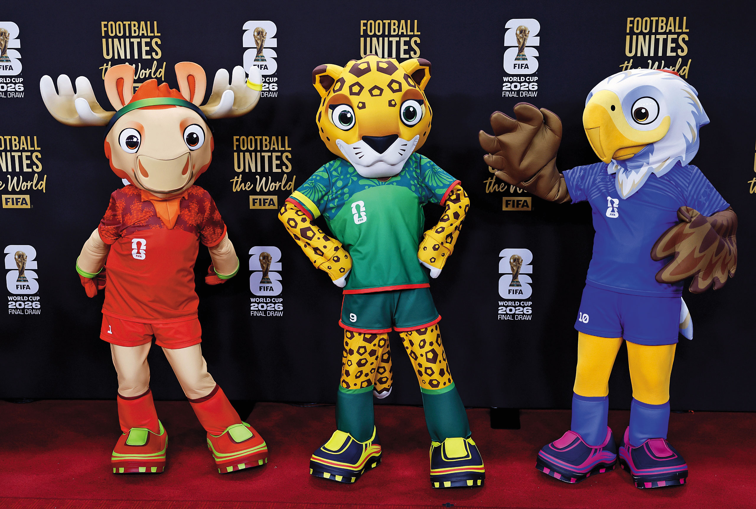 3隻吉祥物分別是代表加拿大的駝鹿、墨西哥的美洲豹、美國的白頭鷹。（東方IC）