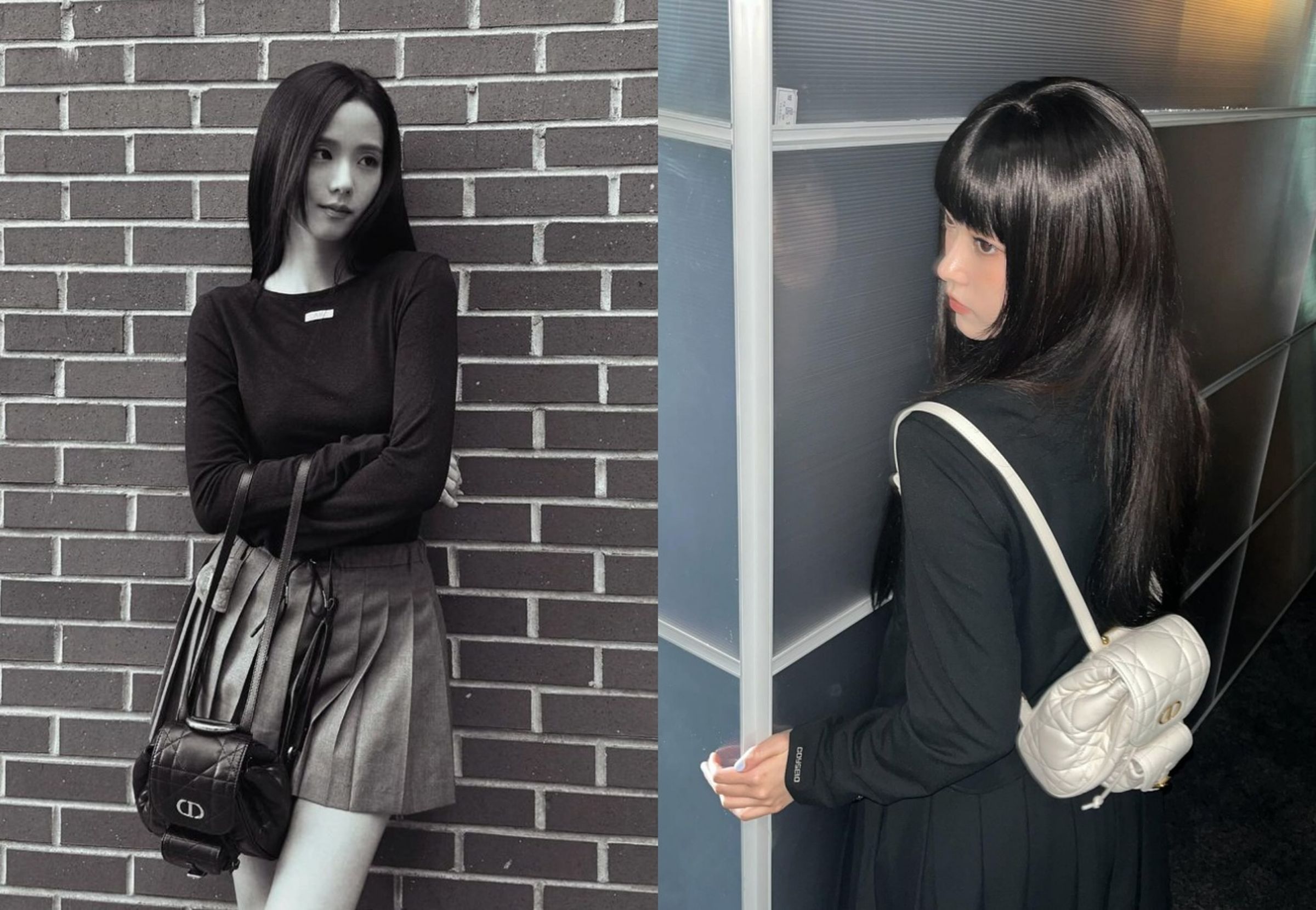 (左起)身為DIOR品牌大使的BLACKPINK Jisoo、NewJeans Haerin,已率先示範DIOR Caro系列後背包。(翻攝自Jisoo、Haerin IG)