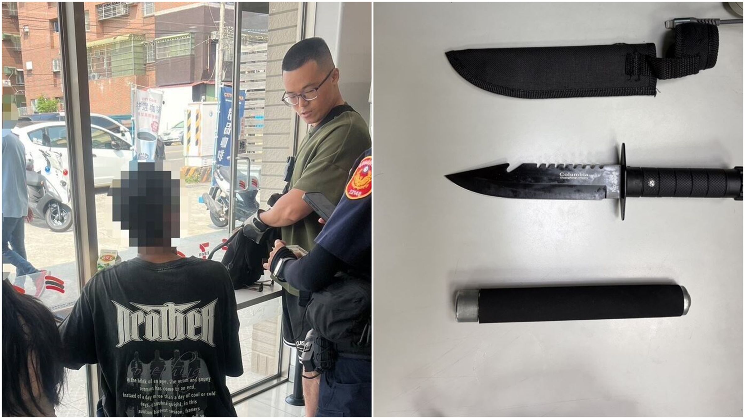 有網友發文示警，在捷西路目擊一名男子攜帶刀械，甚至當街甩出甩棍。（翻攝畫面）