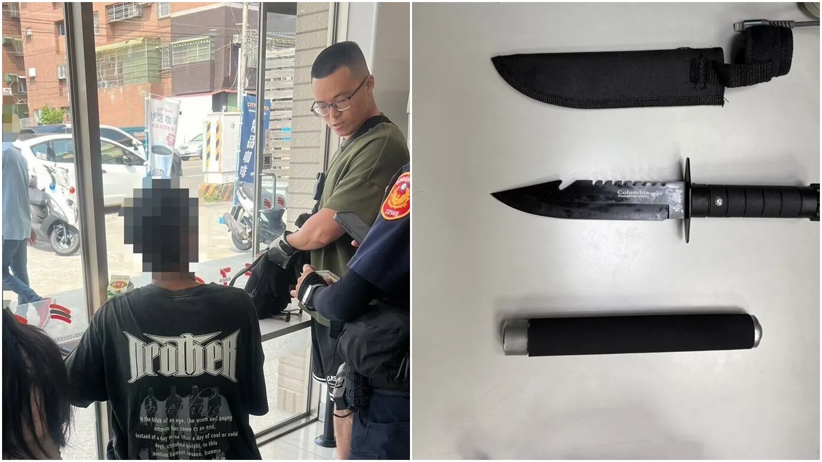 有網友發文示警，在捷西路目擊一名男子攜帶刀械，甚至當街甩出甩棍。（翻攝畫面）