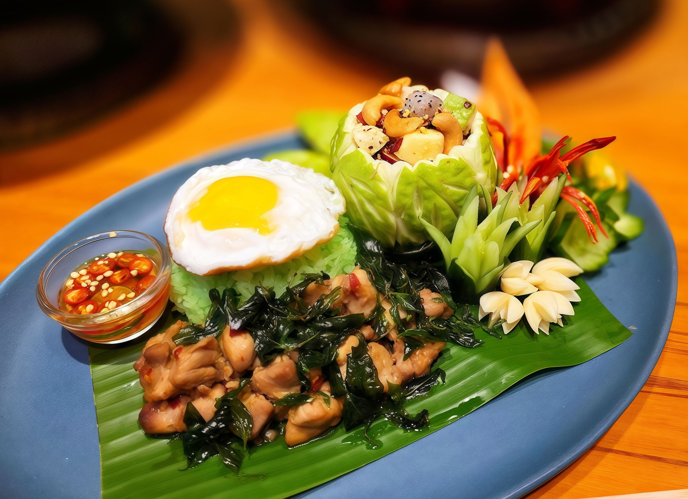 「安娜與國王酒店」的「香蘭打拋雞肉飯」靈感源自泰式料理。（林聰明沙鍋魚頭提供）