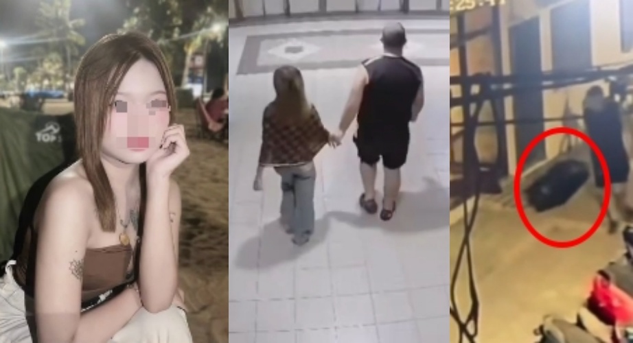 一名17歲少女（左）慘遭殺害並塞入黑色行李箱（紅圈處）棄屍。涉案的45歲澳洲籍男子在曼谷機場企圖潛逃出境時遭警方攔截逮捕。（翻攝自X）