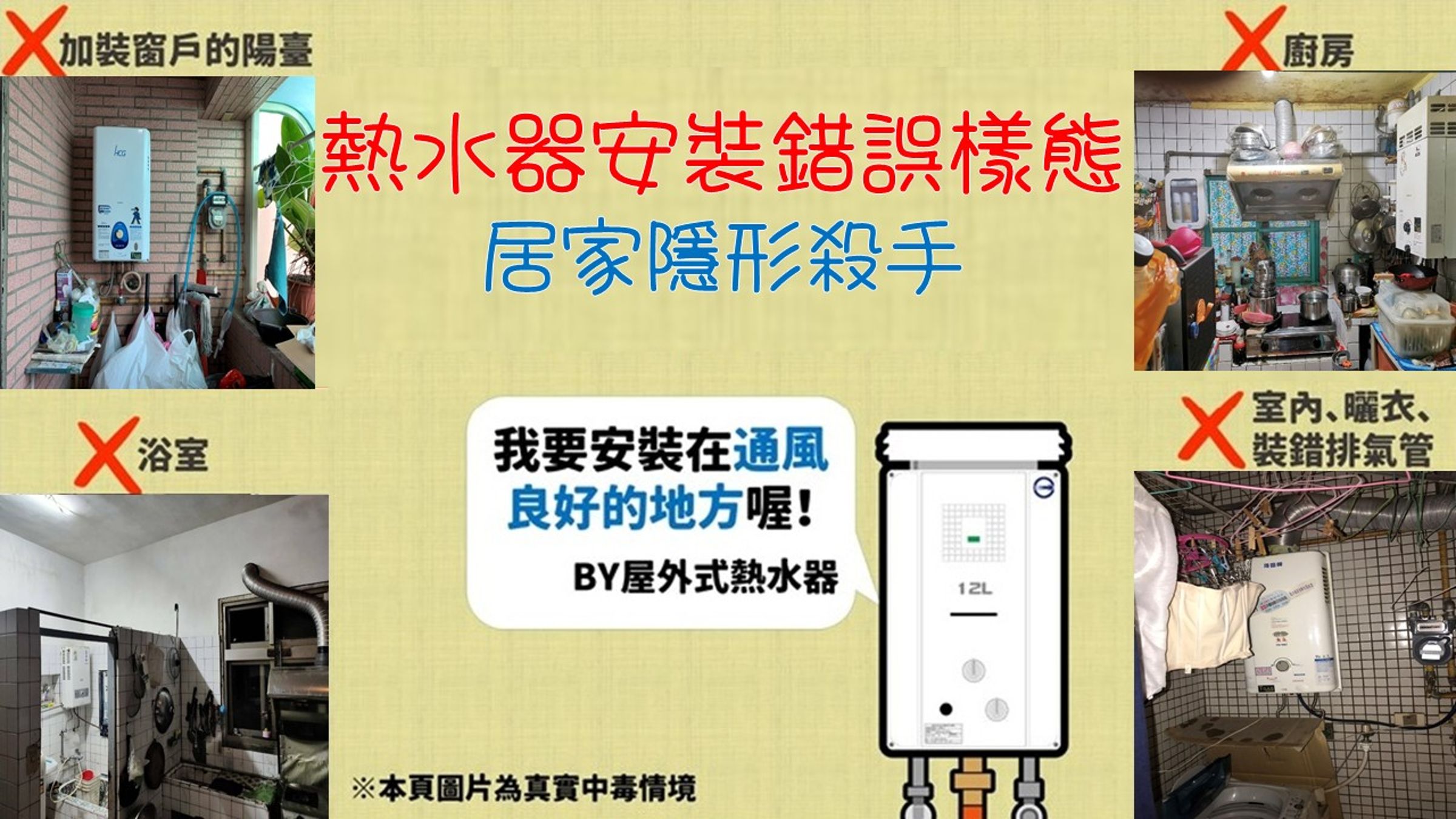 消防署列出錯誤熱水器裝設方式。(消防署提供)