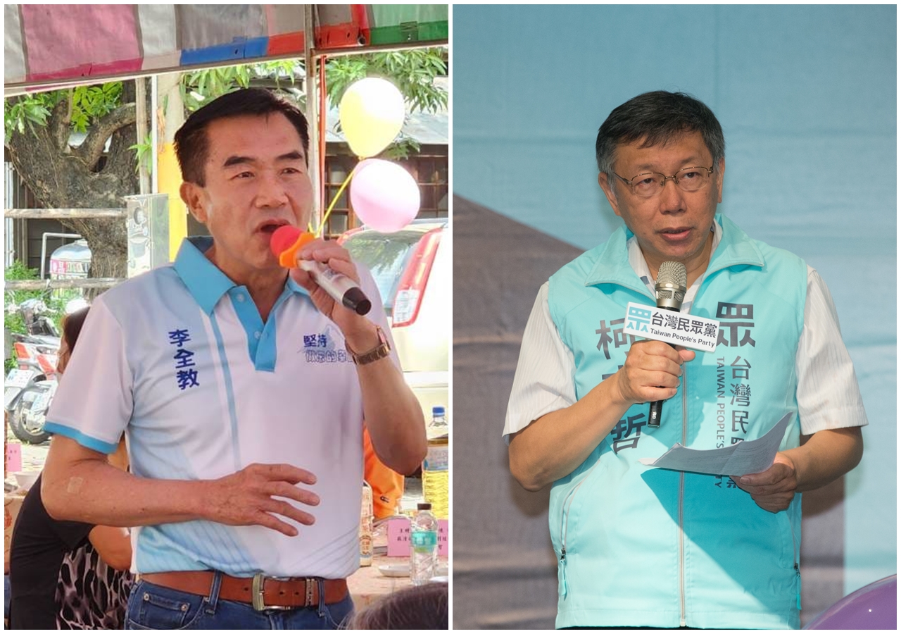 柯文哲（右）昨晚與李全教（左）同台，2人在台上還高舉手臂互喊「凍蒜」。（翻攝自李全教臉書／本刊資料照）