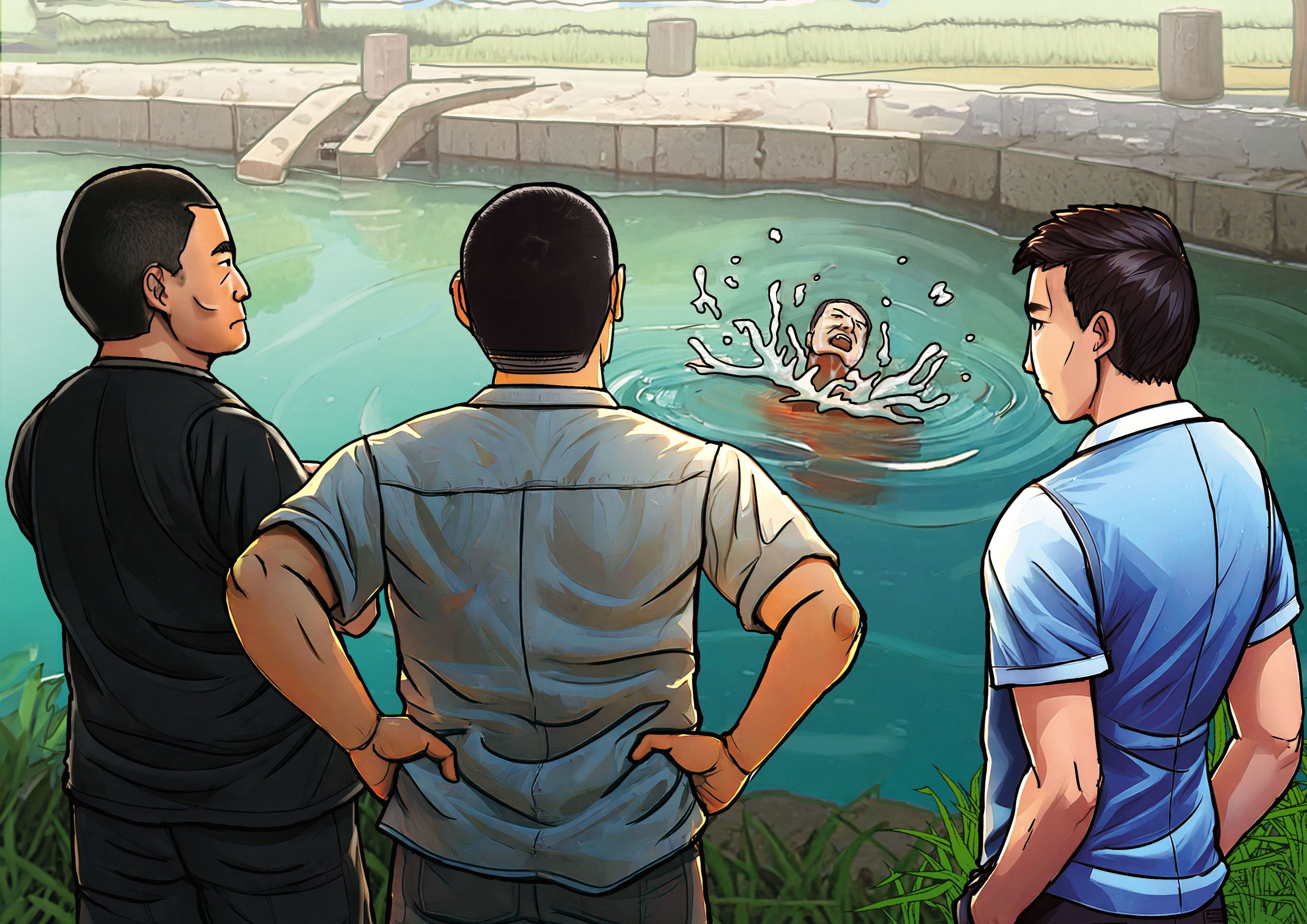 胡男為躲債，跳入魚塭，郭、吳、陳3人卻在岸邊觀望，最後釀成溺斃悲劇。（AI繪圖Adobe Firefly生成，本刊美術組後製）