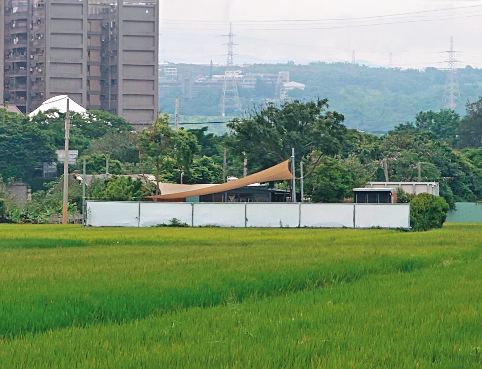 宥勝在台中清水農田中央的組合屋（圖），最近突然以大面積的帆布牆圍起來（圖）。（讀者提供）