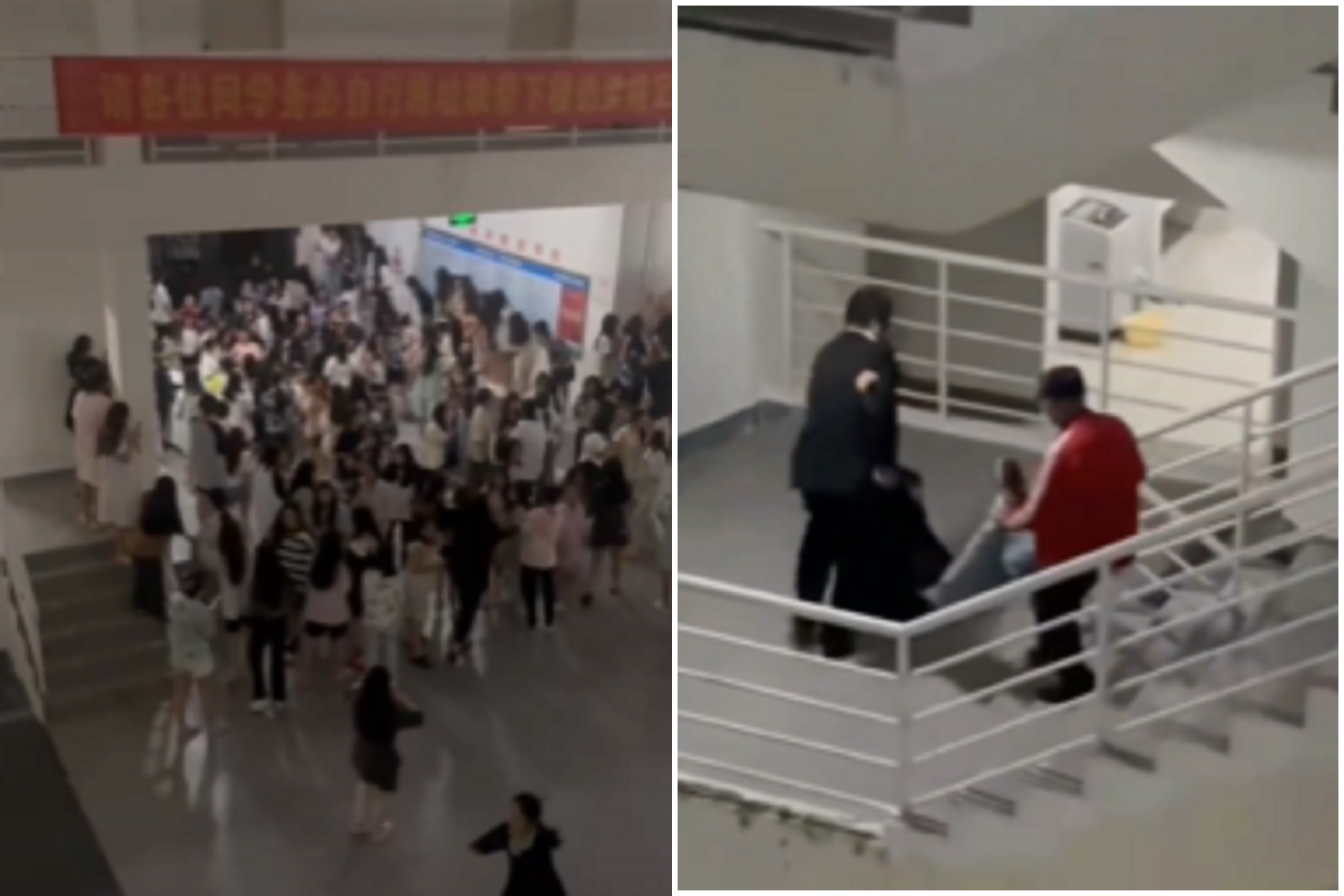 男大生扮女裝闖女宿求復合，然後就被電暈了！慘被「撿屍」抬出。（翻自微博）