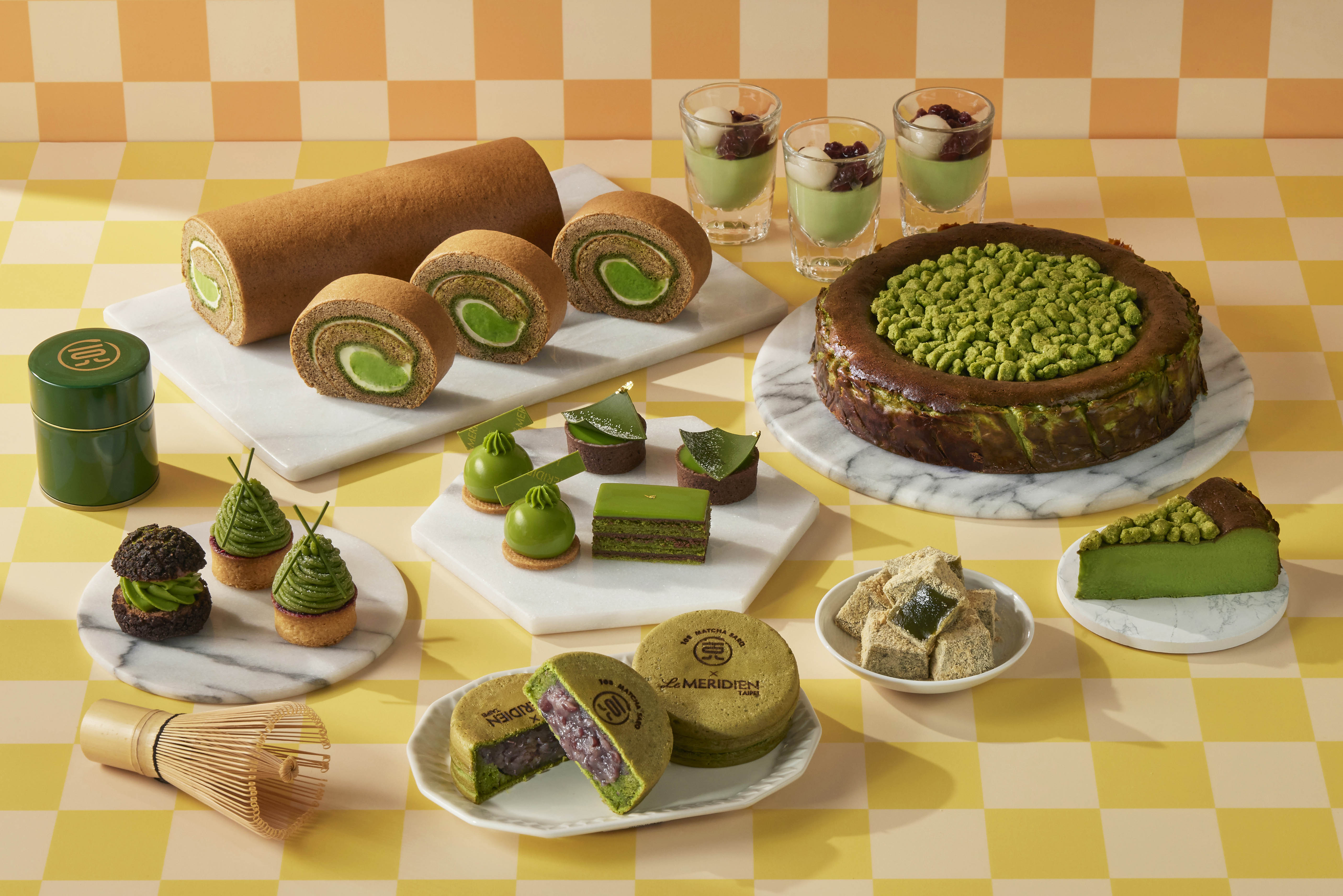台北寒舍艾美酒店攜手108抹茶茶廊，打造聯名抹茶甜點饗宴，「探索廚房」搖身變為摩登的抹茶甜食殿堂，推出10款抹茶甜點。（台北寒舍艾美酒店提供）