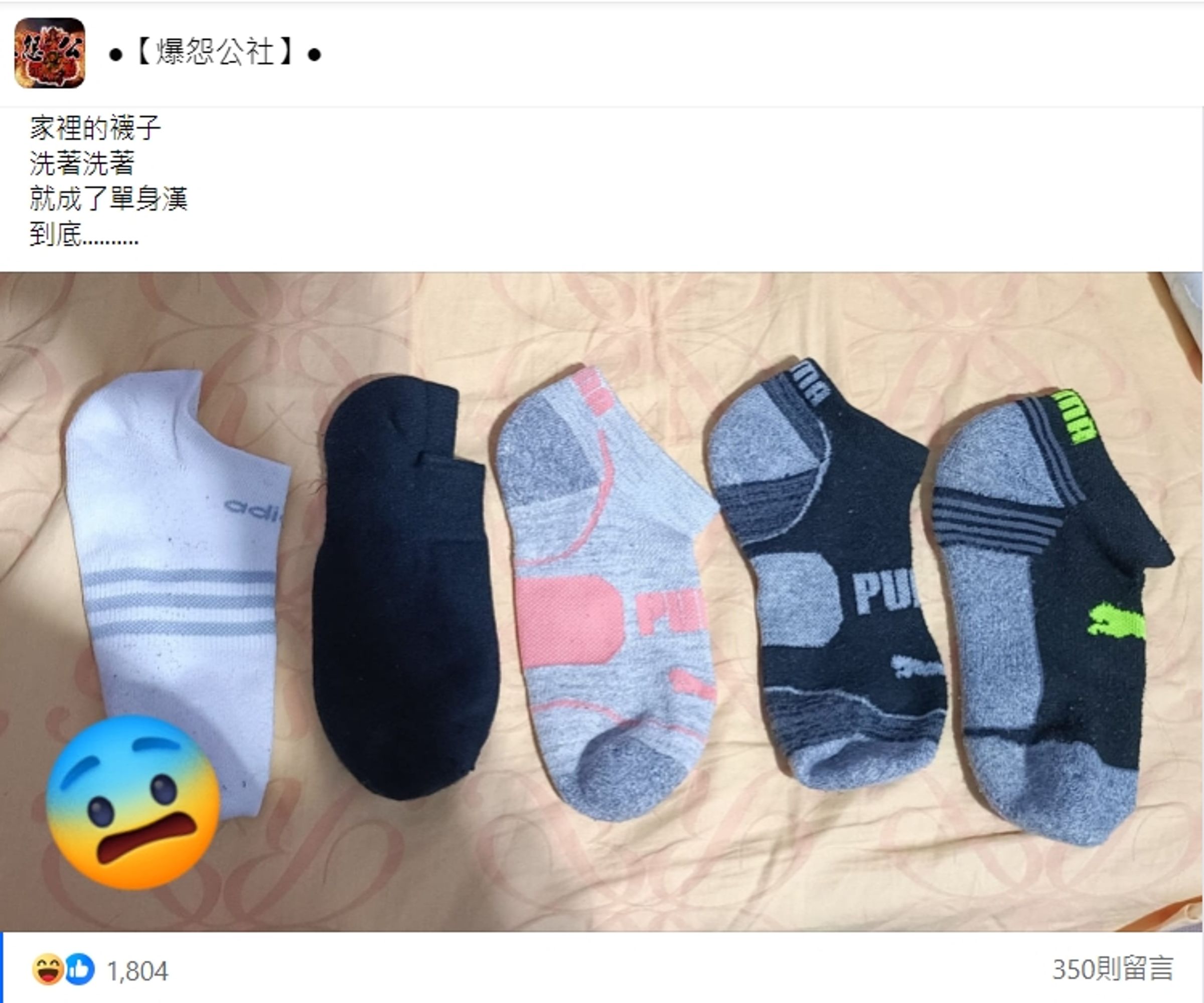 女網友抱怨洗完衣服後，襪子5雙變成5隻。（翻攝自臉書社團爆怨公社）