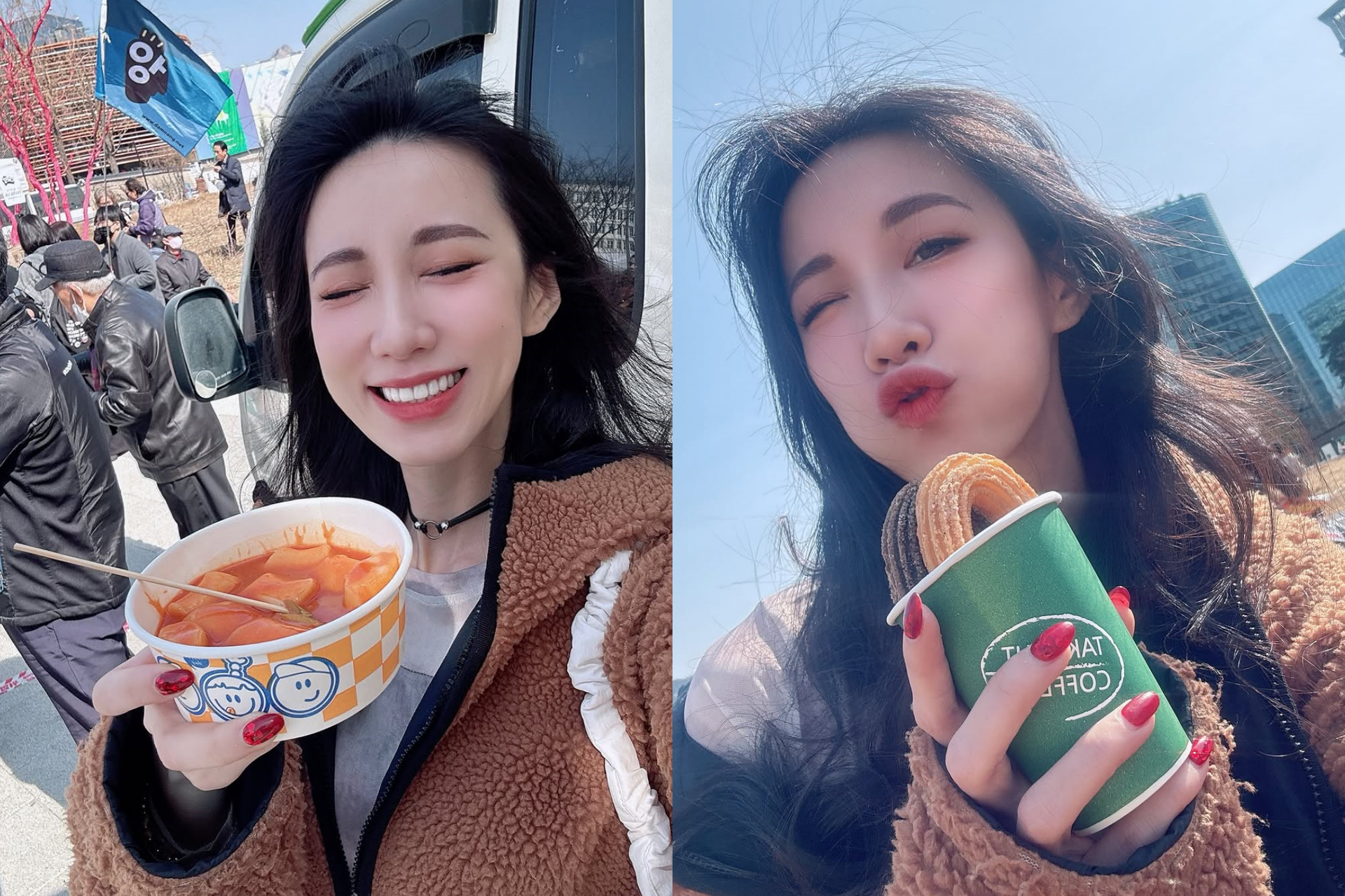藝人瑤瑤（黃喬歆）近日在首爾旅遊遇上抗議活動，在活動現場免費蹭吃引發網友台韓網友撻伐。（翻攝Instagram@qiaoxinhuang）