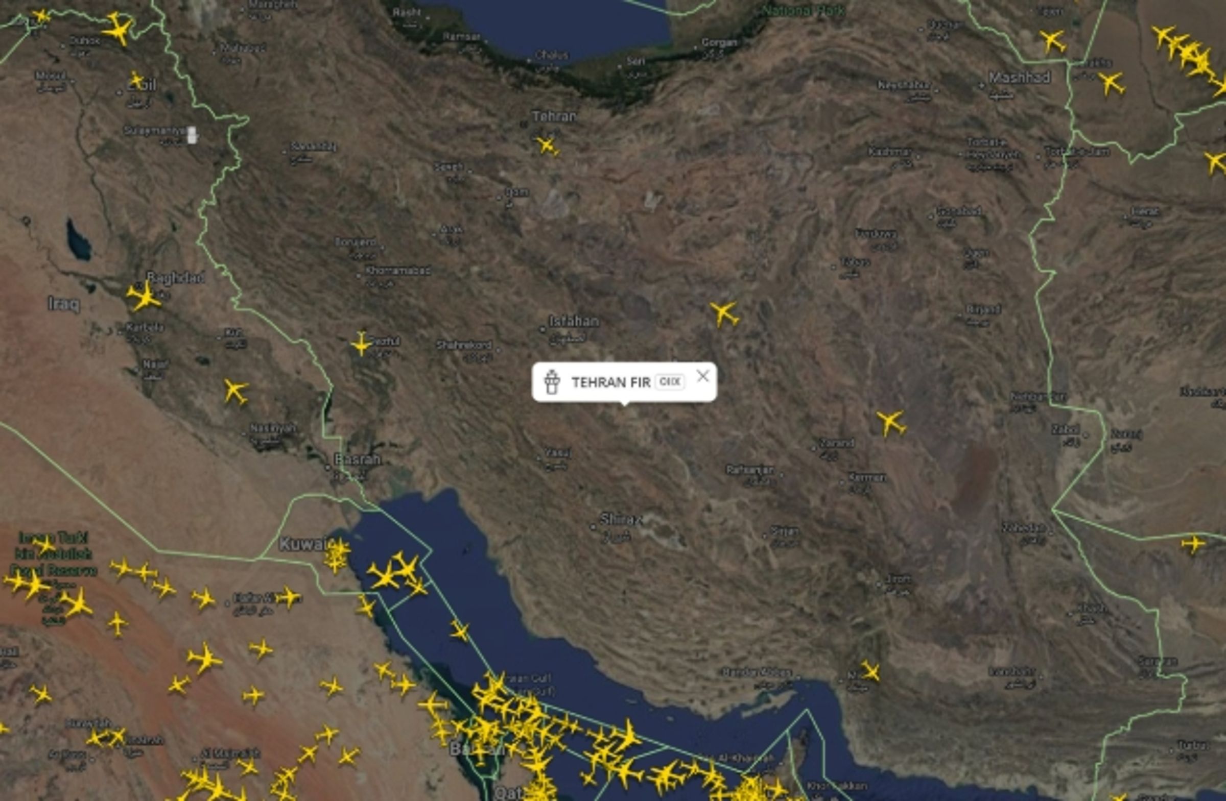 伊朗突宣布「關閉領空」。(翻攝自X@flightradar24)
