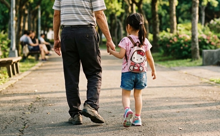 一名阿公疼愛5歲孫女，不願見到生父入獄，生母染毒又自殘，決定請求法院停止父母親權，由他自己來照顧，法官被感動，判阿公勝訴，圖為示意圖。（圖AI由生成）