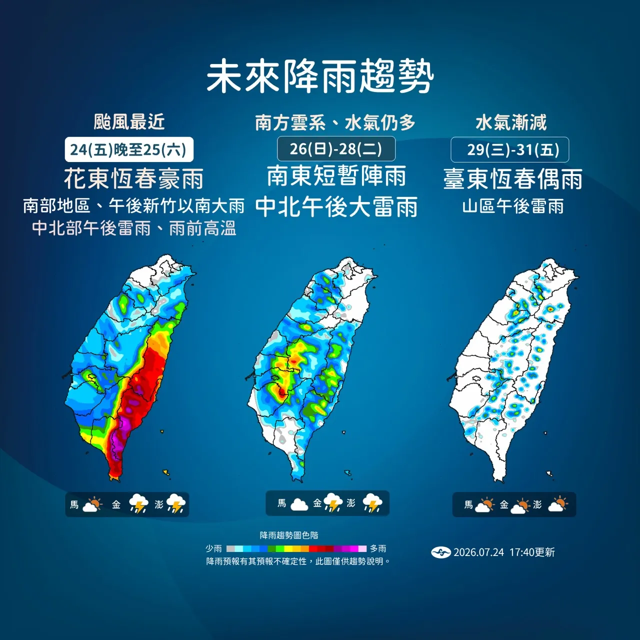 中央氣象署說明降雨趨勢。（中央氣象署提供）