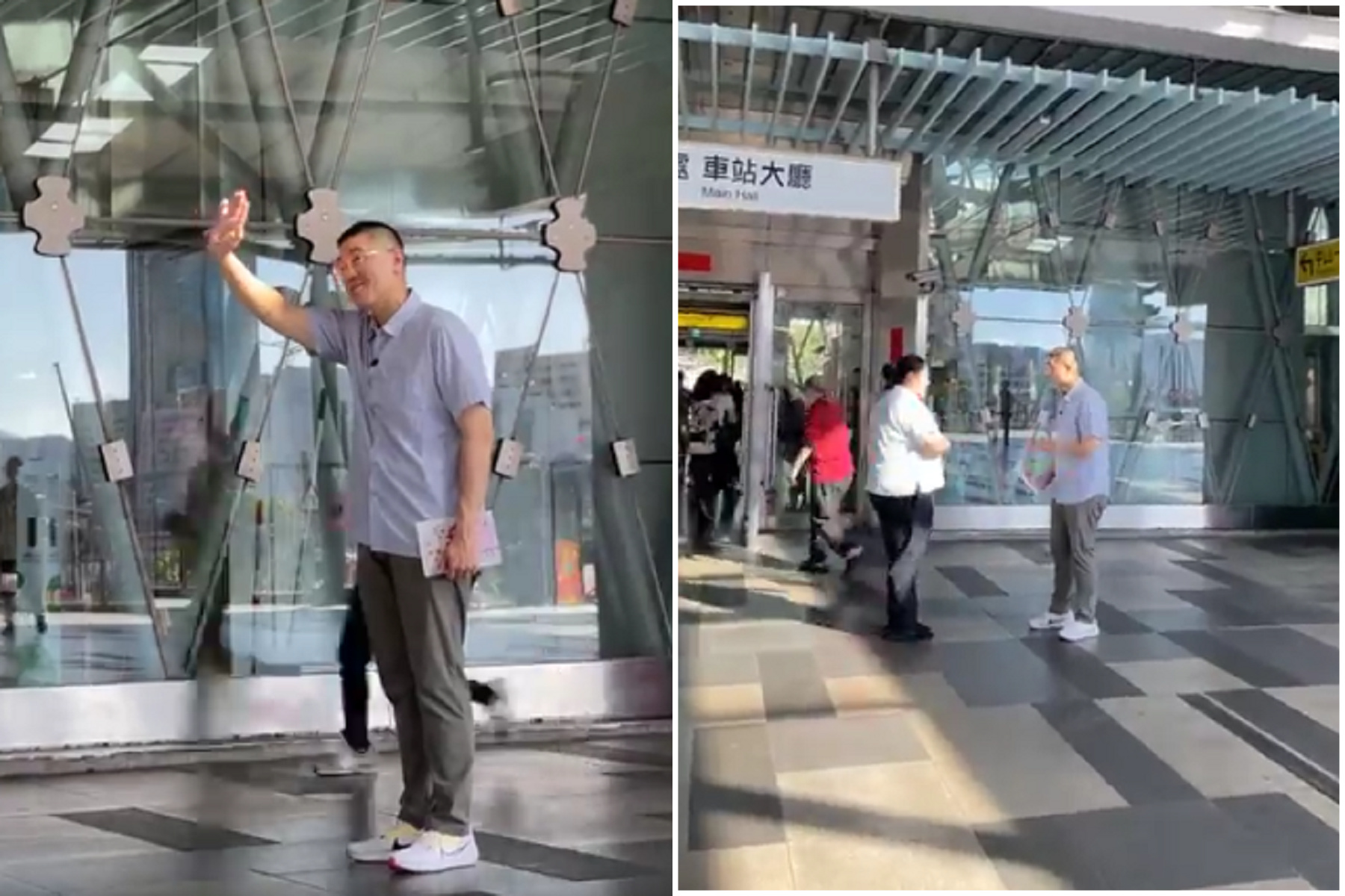 謝國樑今早到基隆火車站再開直播，向民眾問安！終遭台鐵人員驅離。（翻自謝國樑臉書）