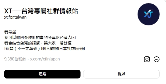 自稱台灣粉專的社群,簡介表示「我可以將國外爆紅的事物分享給台灣人,我會結合台灣的語感,讓大家一看就懂」,語法用詞與台灣人不太一樣。(翻攝自Threads@xt.for.taiwan)