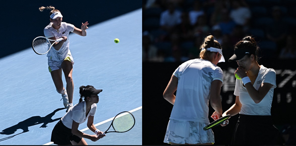 謝淑薇搭擋比利時戰友梅滕絲，在澳網女雙冠軍戰中，以直落二的成績奪冠。（翻攝自X@AustralianOpen）